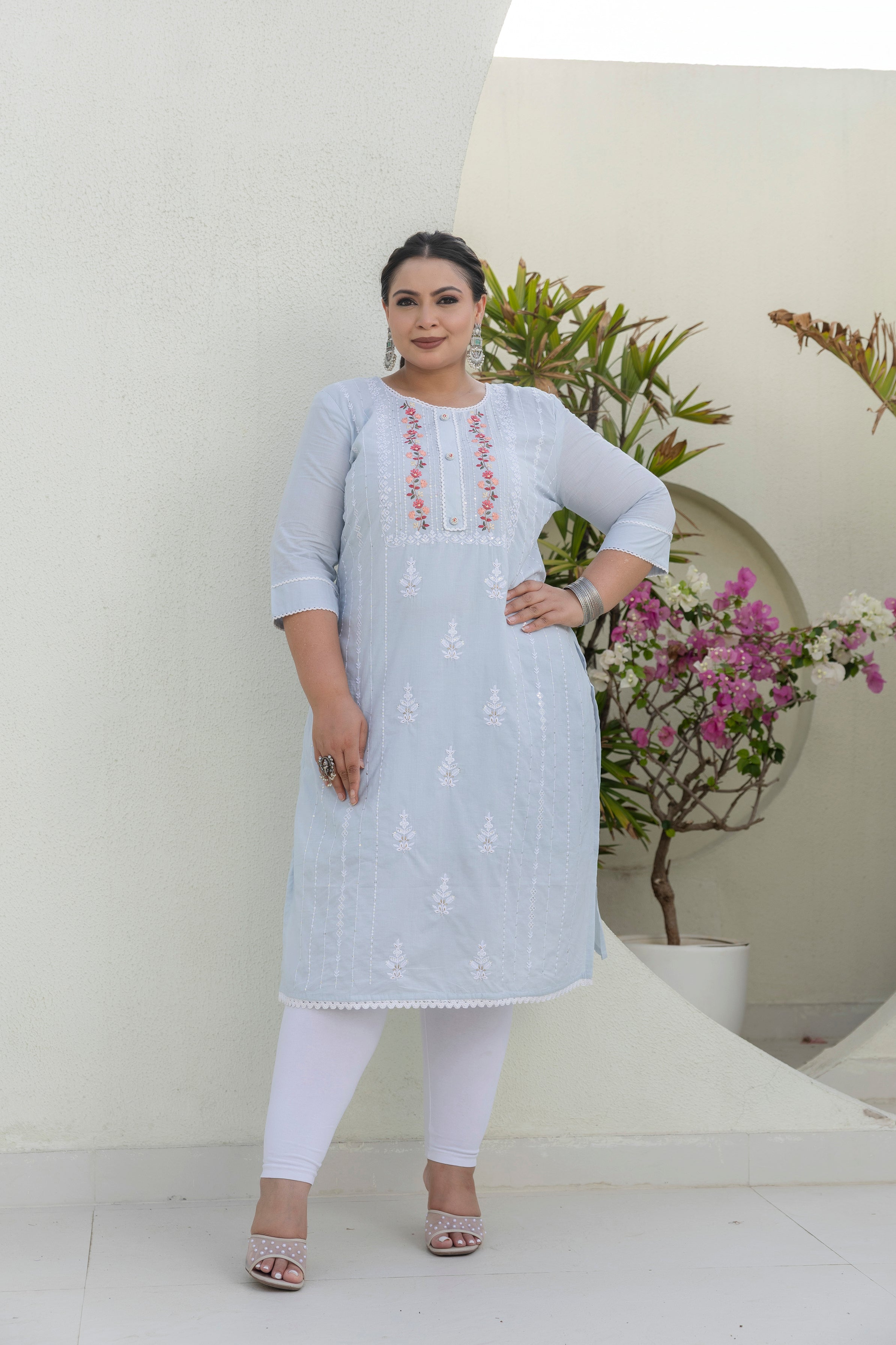 Sky Blue Blossom Slub Cotton Kurti