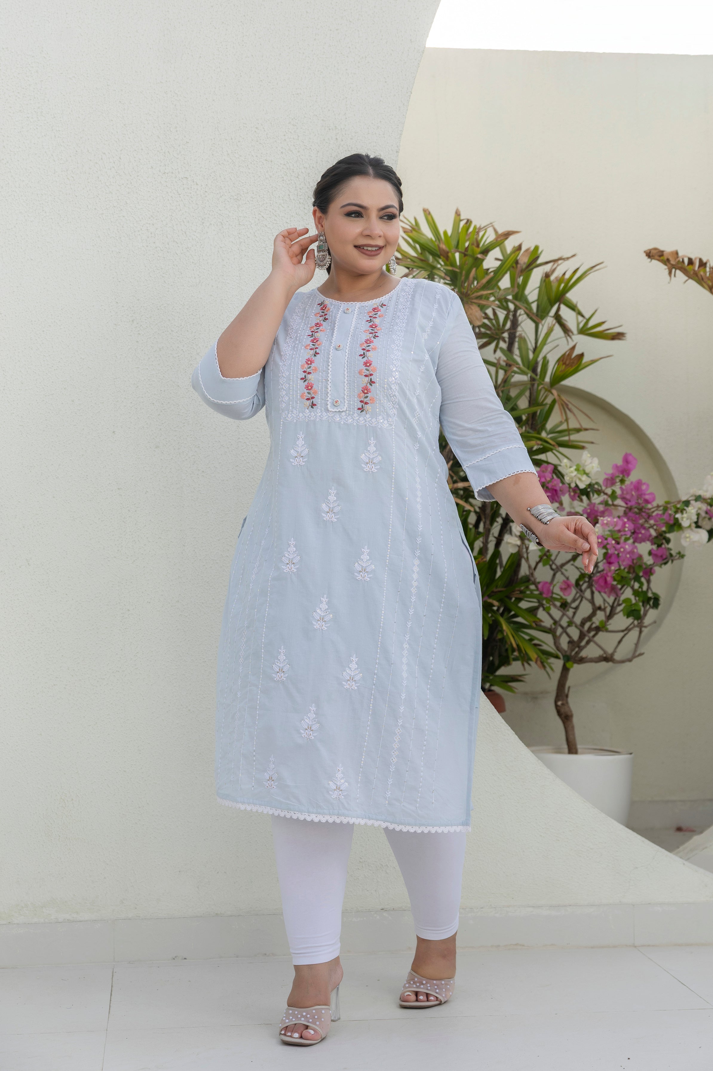Sky Blue Blossom Slub Cotton Kurti