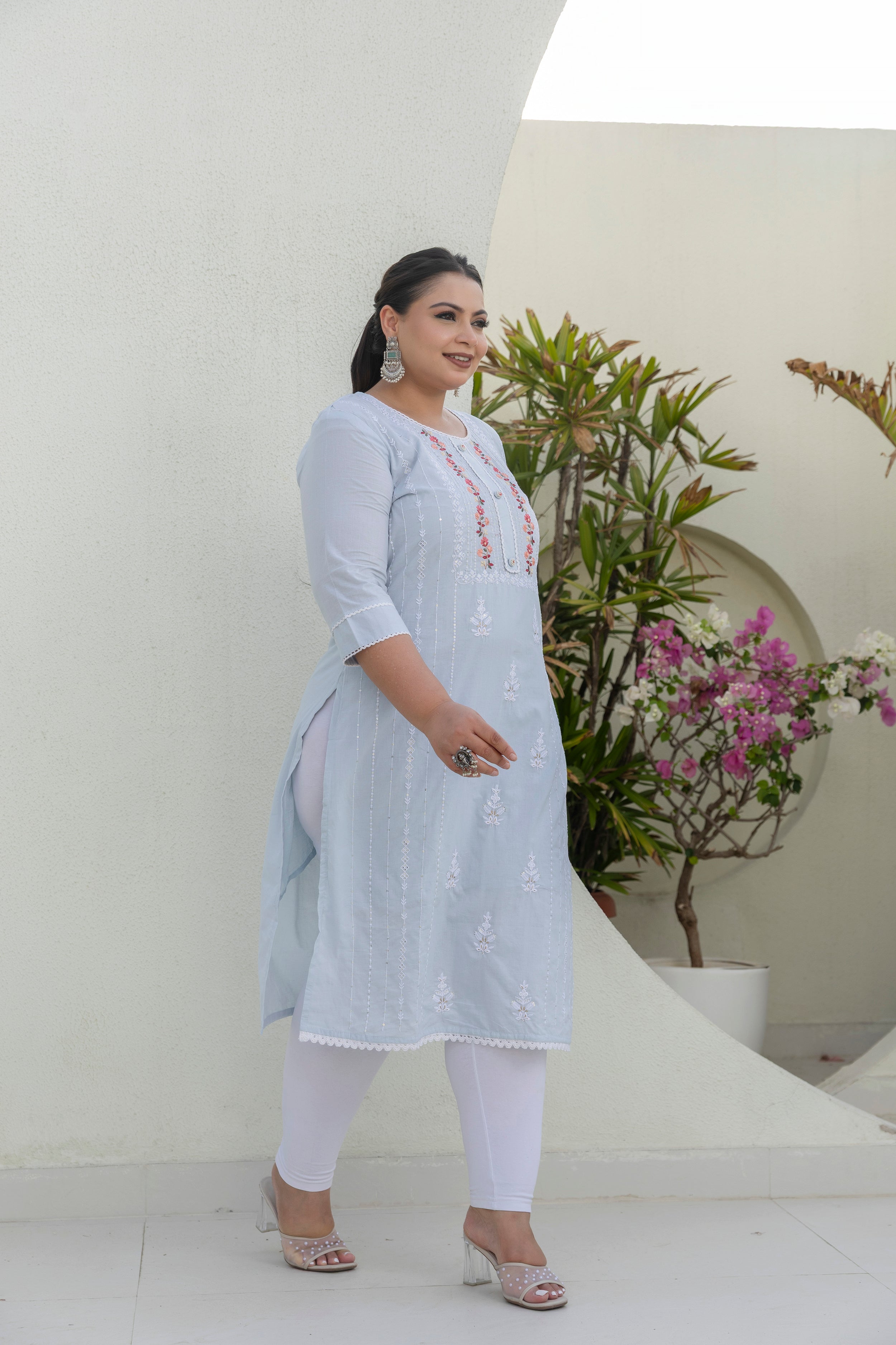 Sky Blue Blossom Slub Cotton Kurti