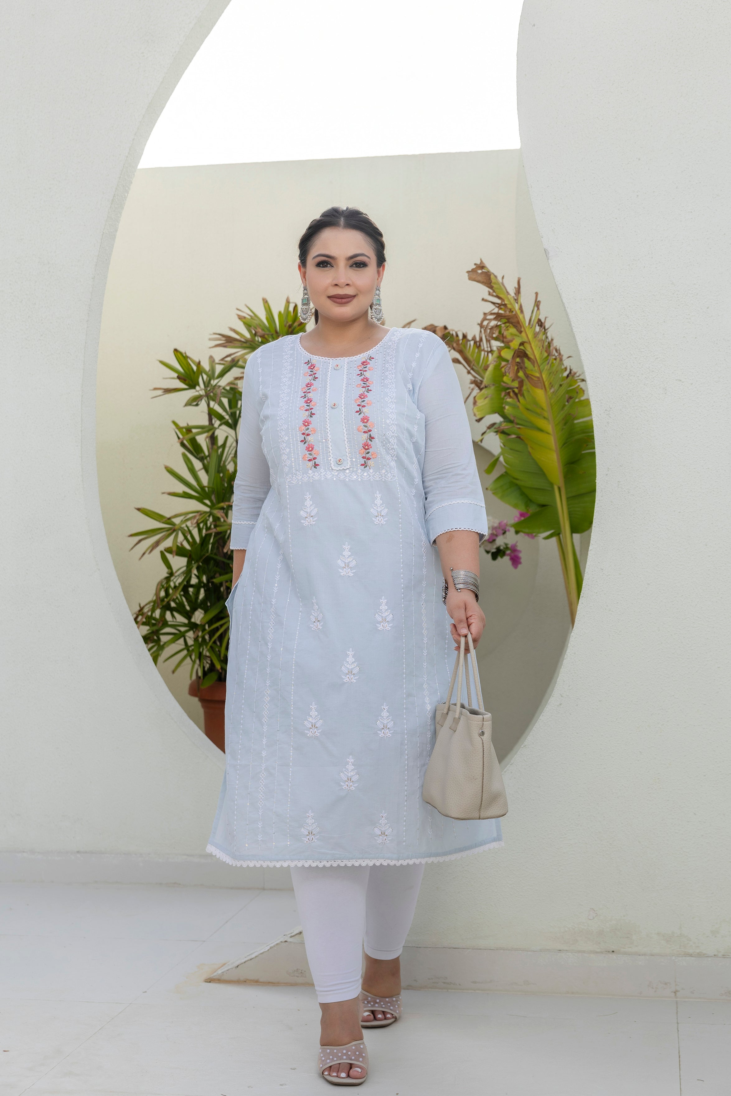 Sky Blue Blossom Slub Cotton Kurti