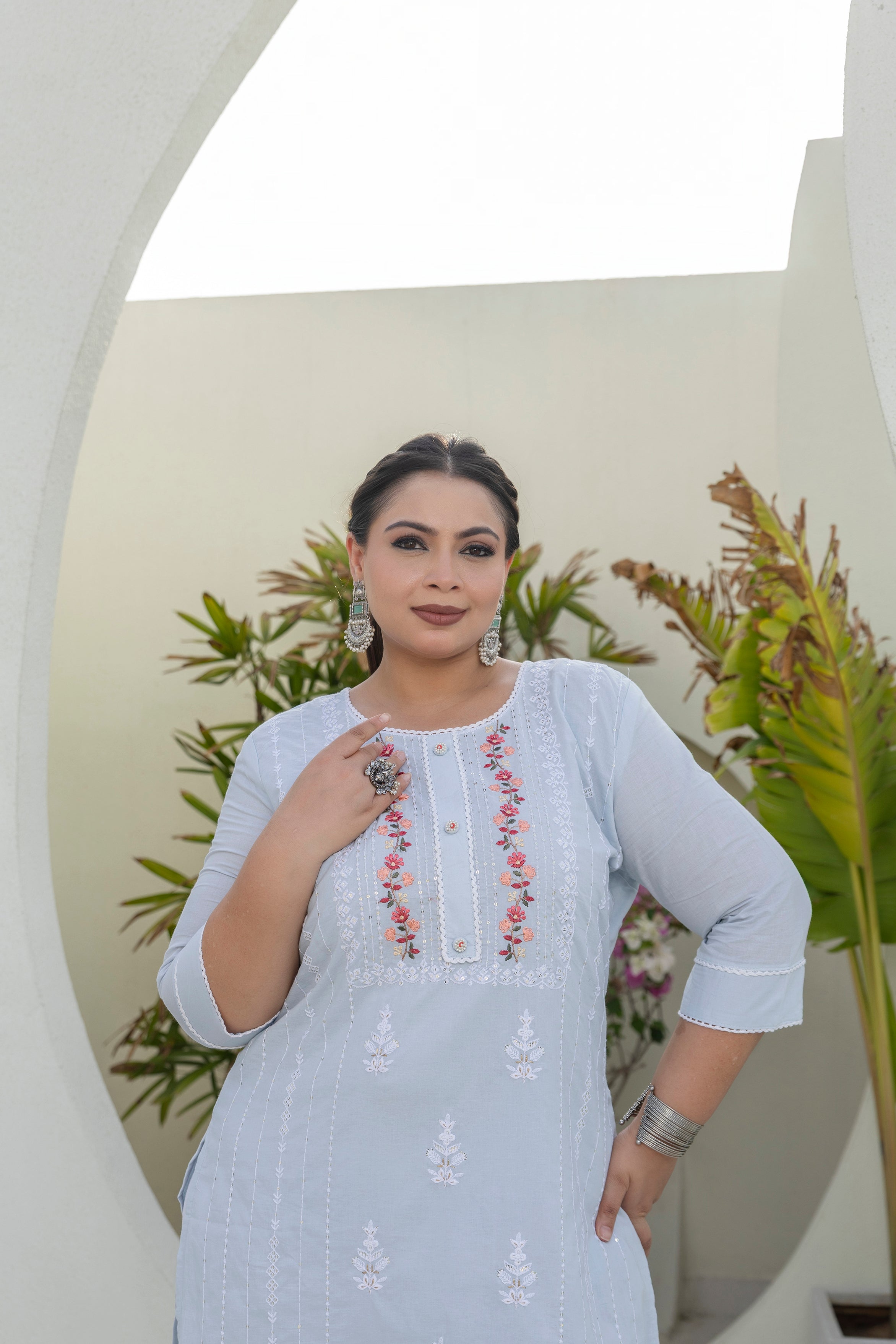 Sky Blue Blossom Slub Cotton Kurti