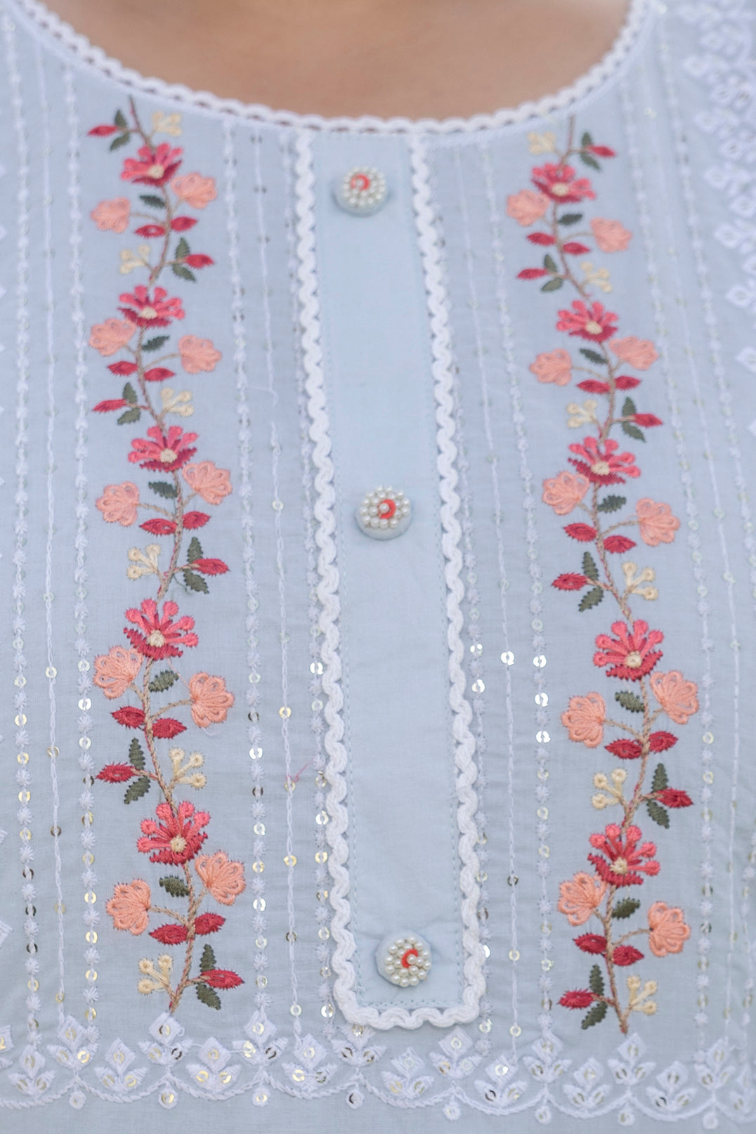 Sky Blue Blossom Slub Cotton Kurti