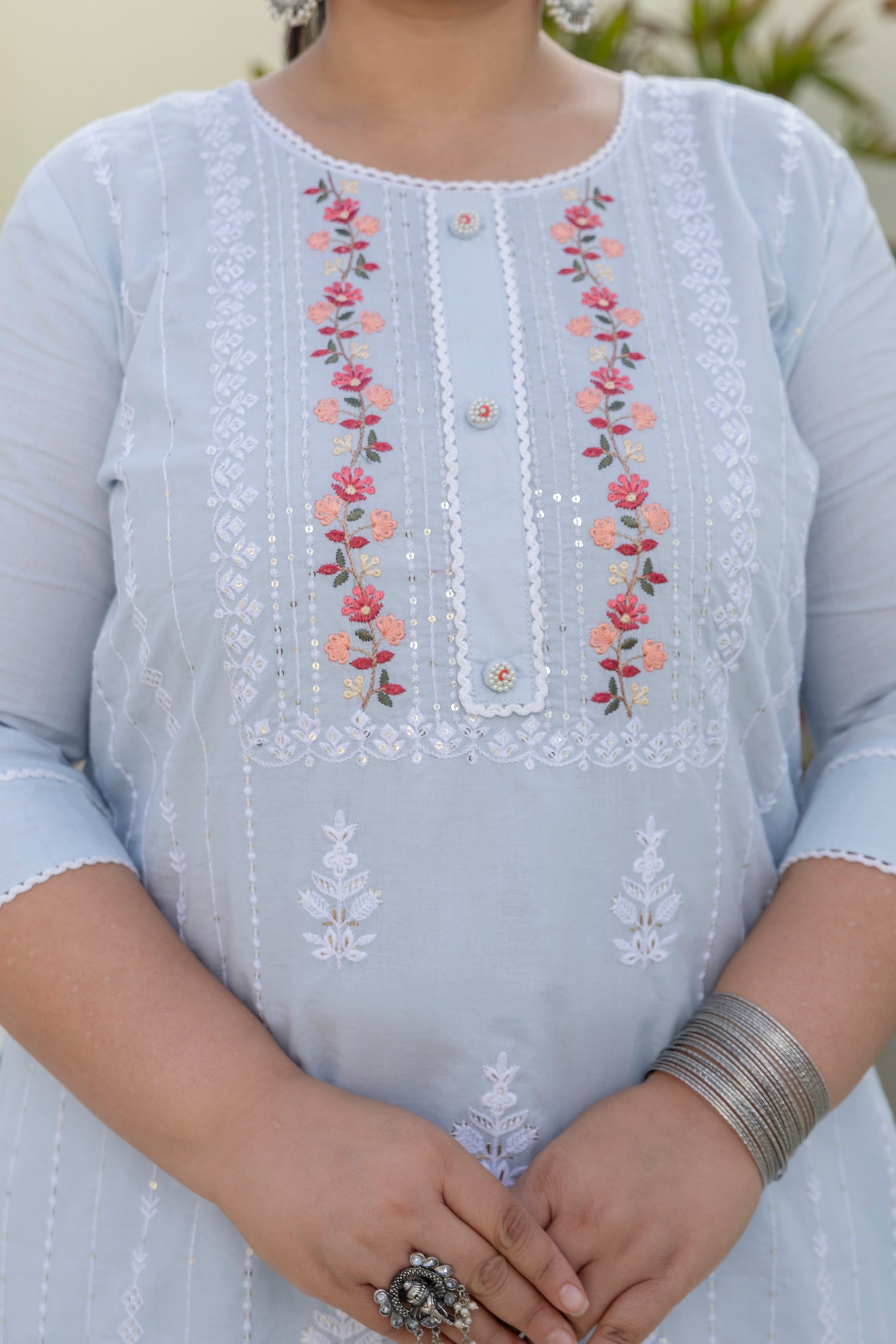 Sky Blue Blossom Slub Cotton Kurti