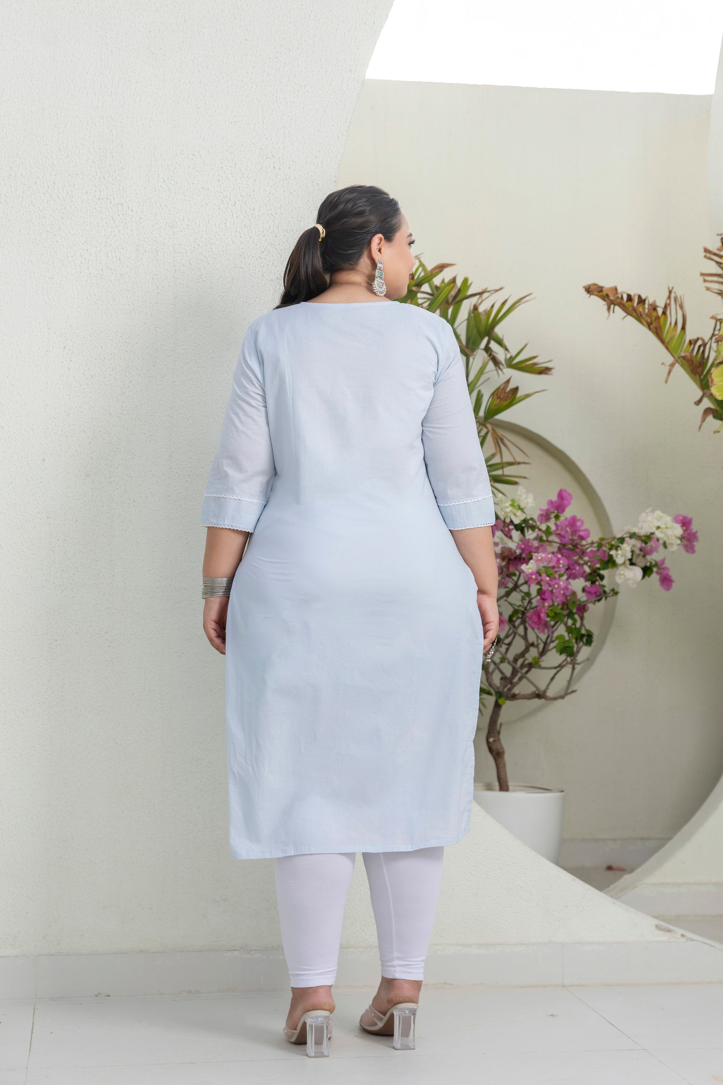Sky Blue Blossom Slub Cotton Kurti