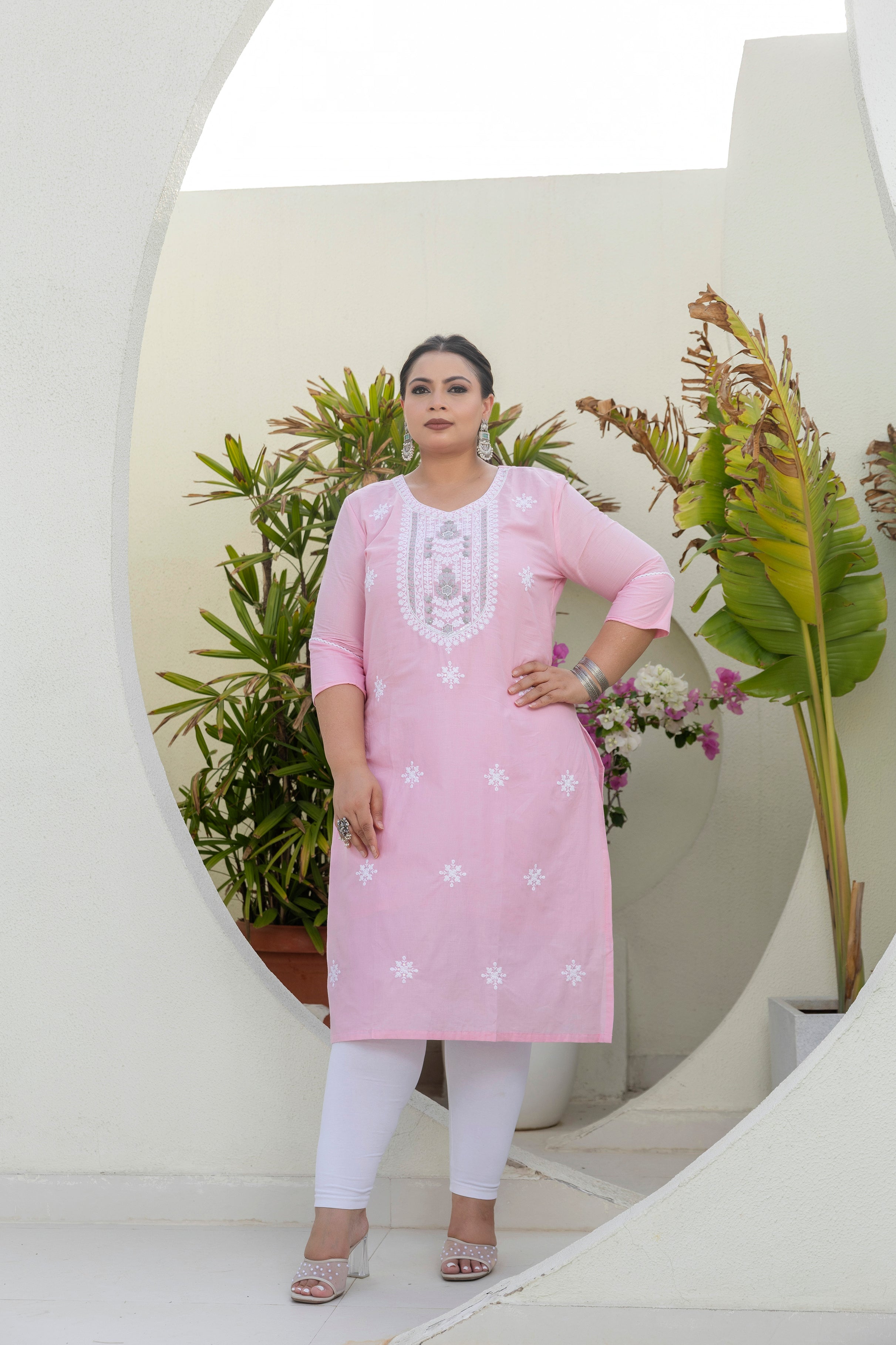 Baby Pink Floral Grace Slub Cotton Plus Size Kurti