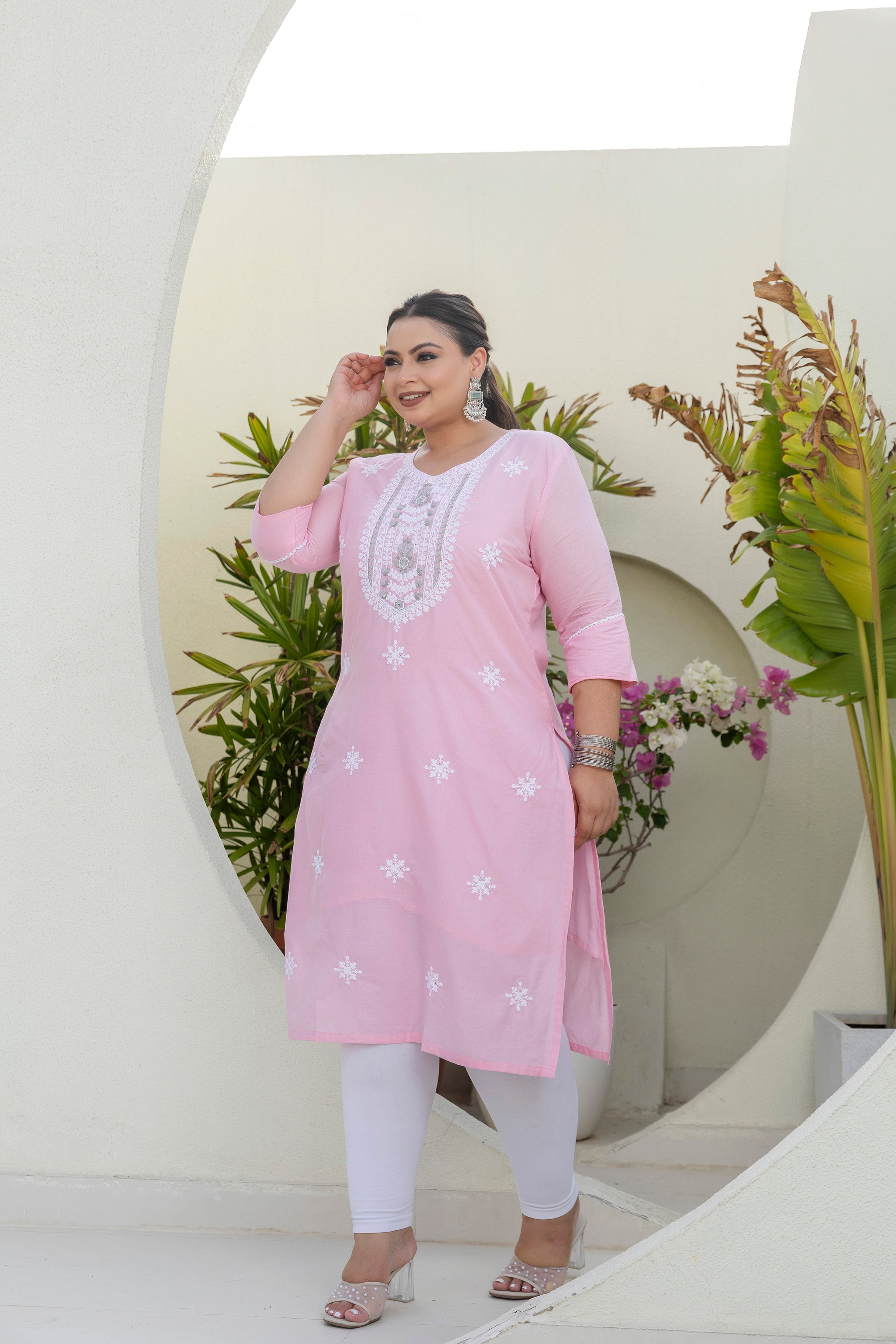 Baby Pink Floral Grace Slub Cotton Plus Size Kurti