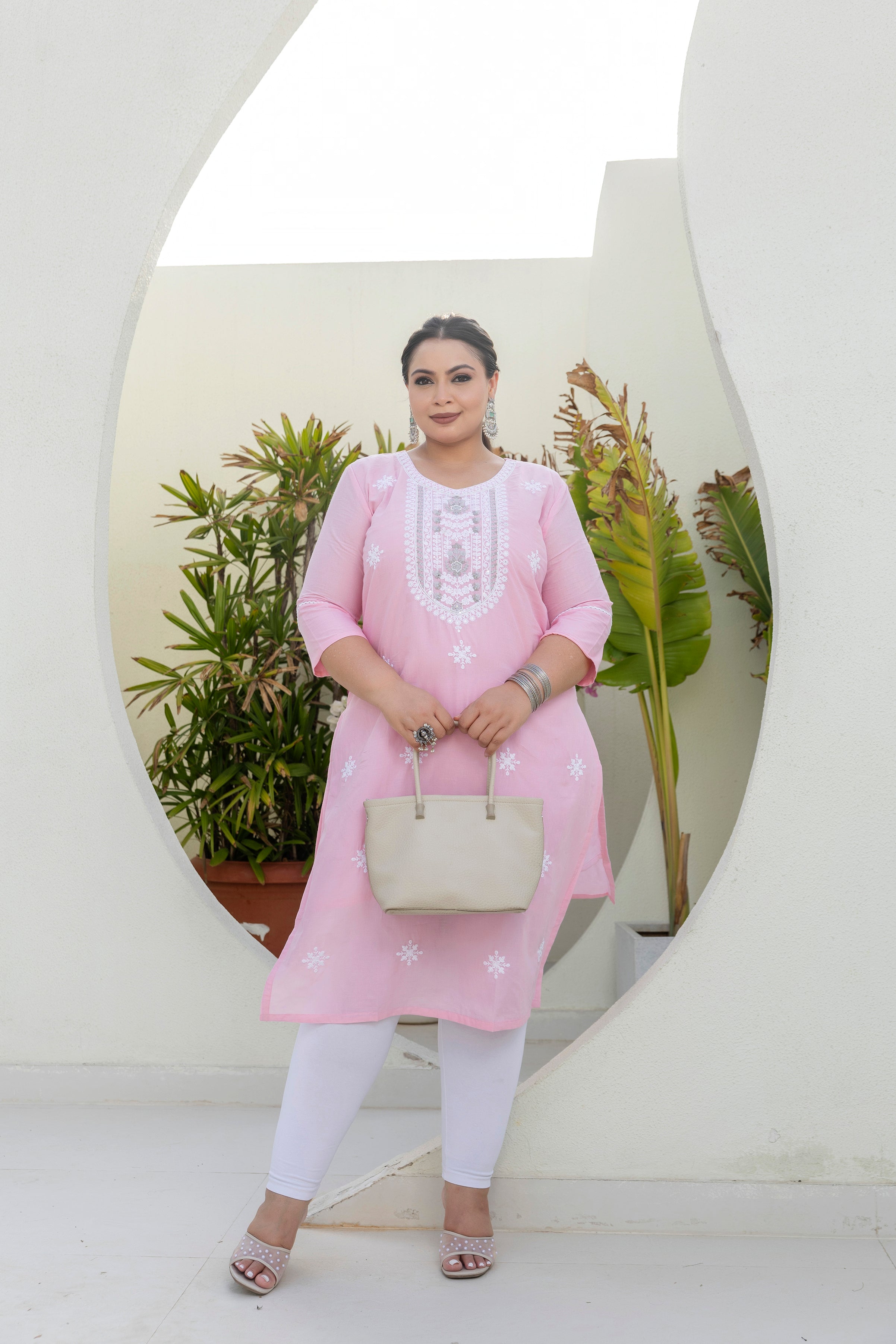 Baby Pink Floral Grace Slub Cotton Plus Size Kurti