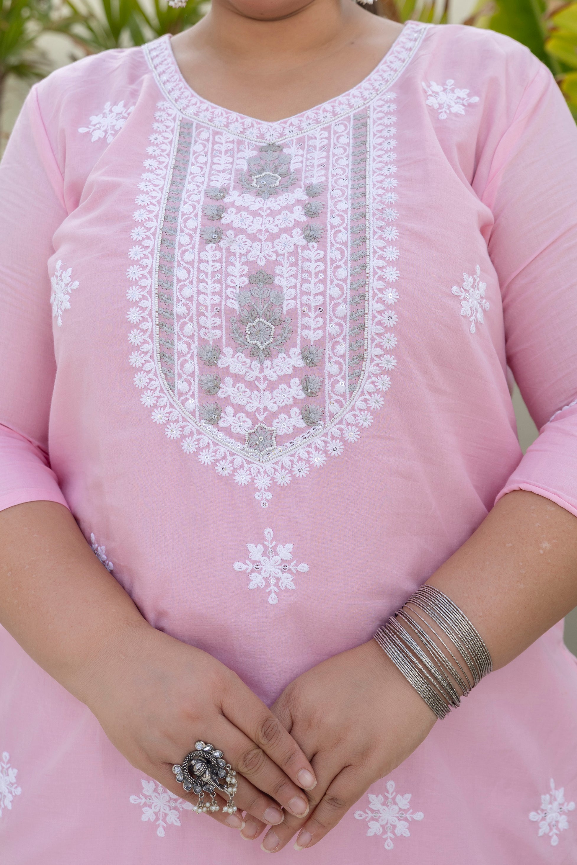 Baby Pink Floral Grace Slub Cotton Plus Size Kurti