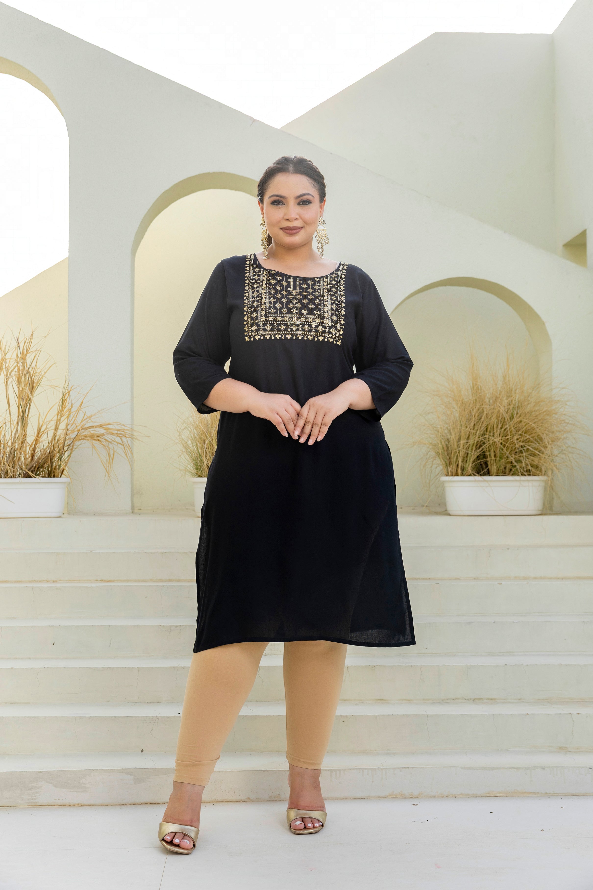 Midnight Noir Embroidered Rayon Kurti