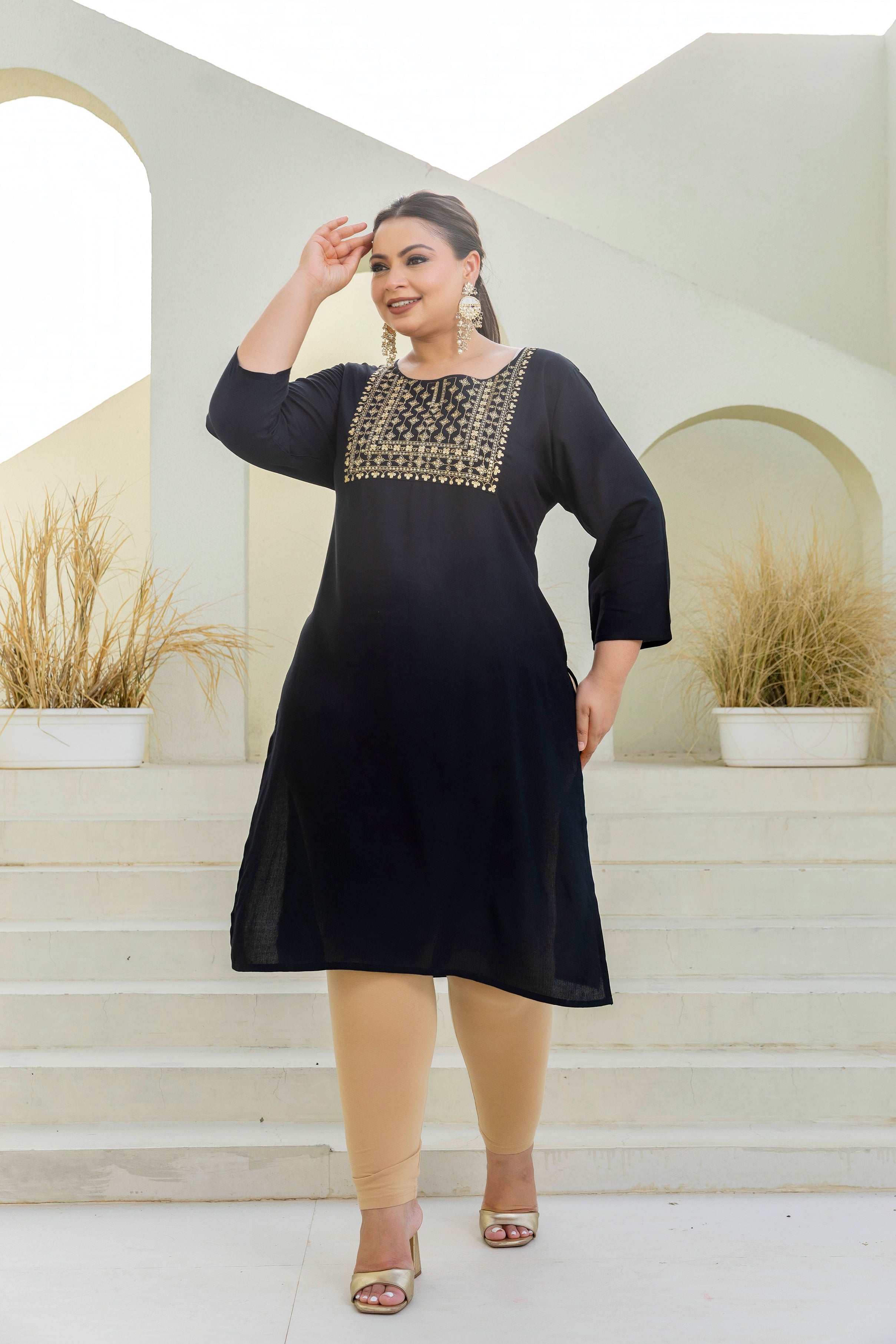 Midnight Noir Embroidered Rayon Kurti