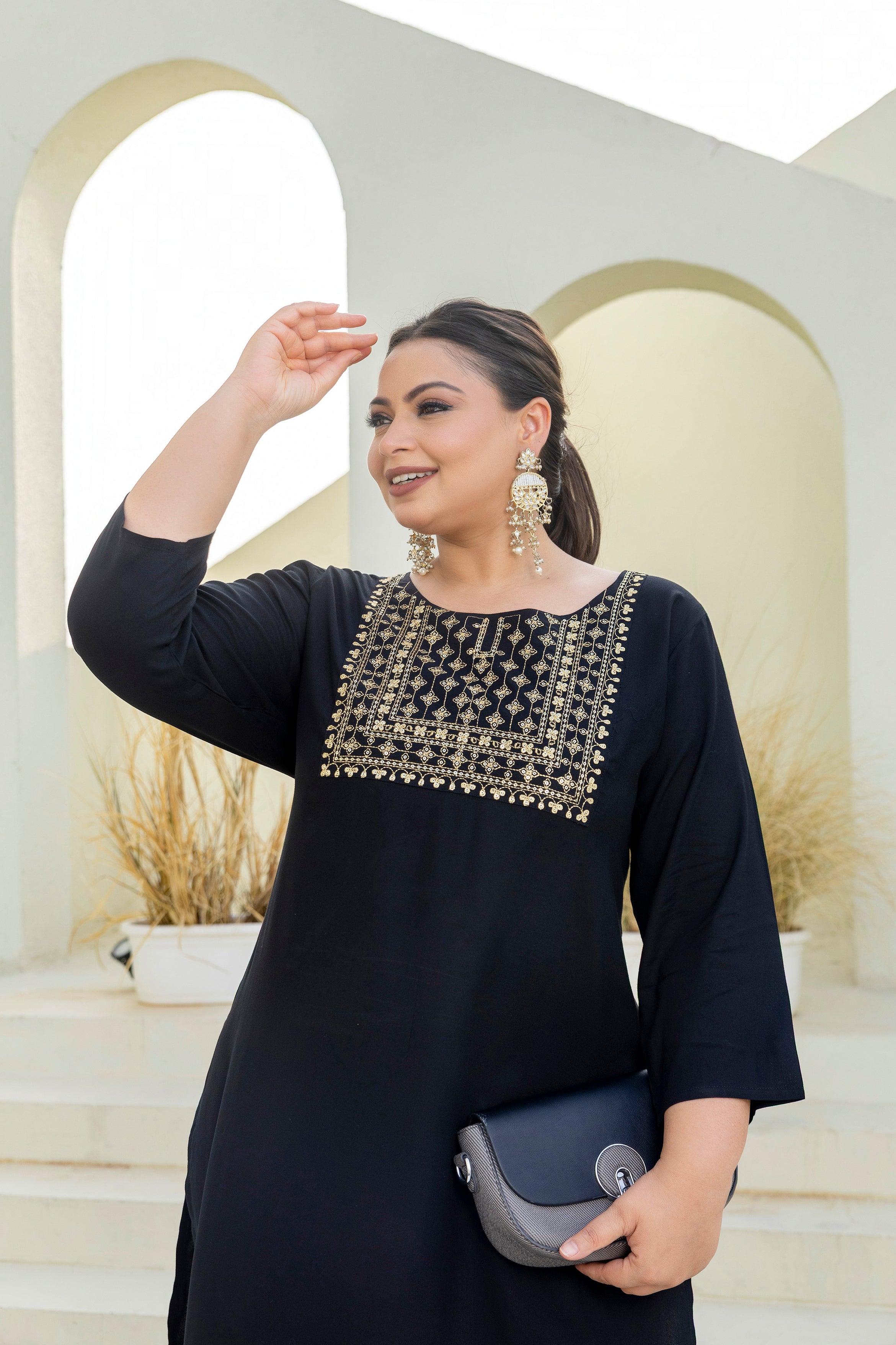 Midnight Noir Embroidered Rayon Kurti