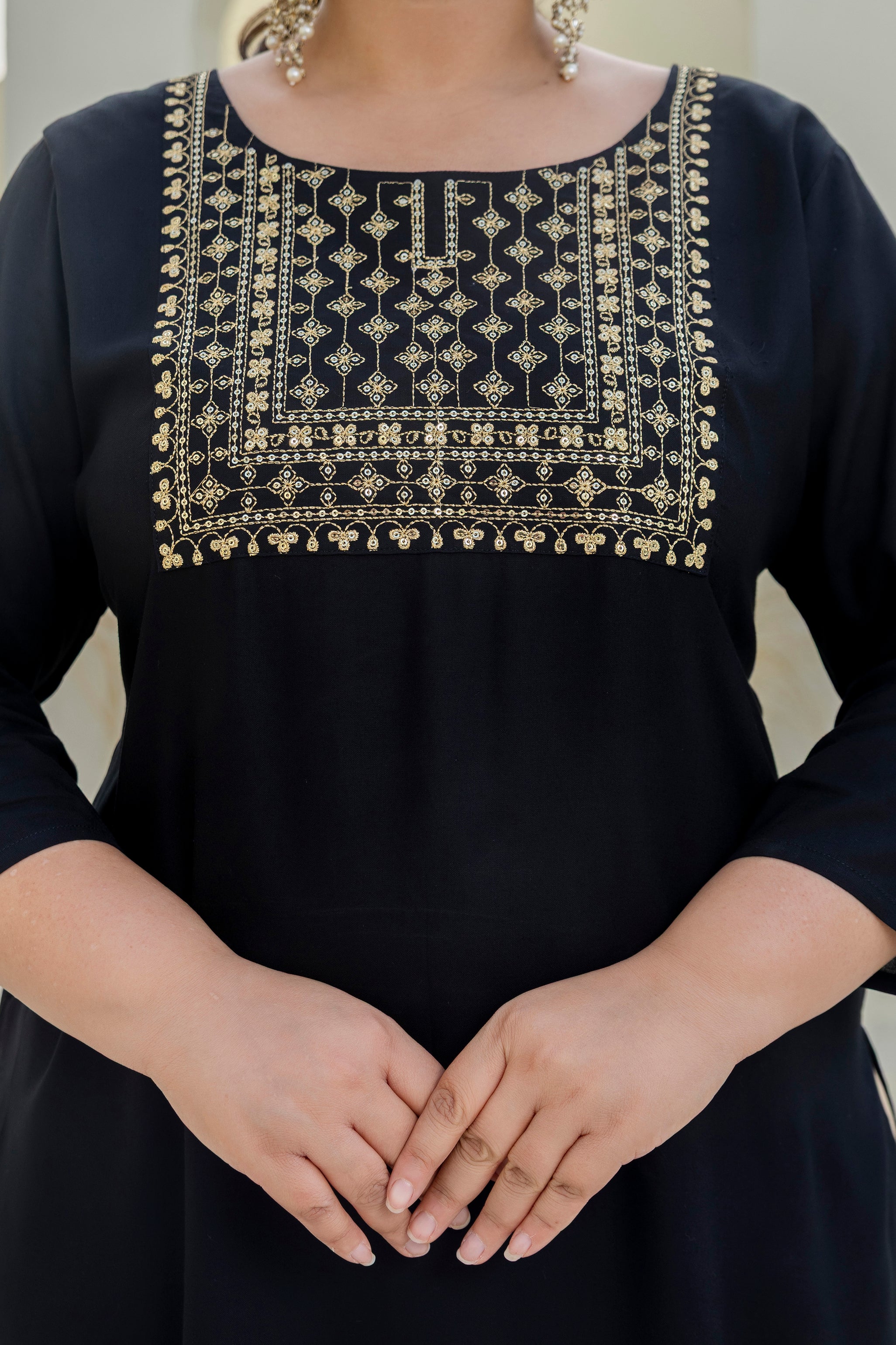 Midnight Noir Embroidered Rayon Kurti