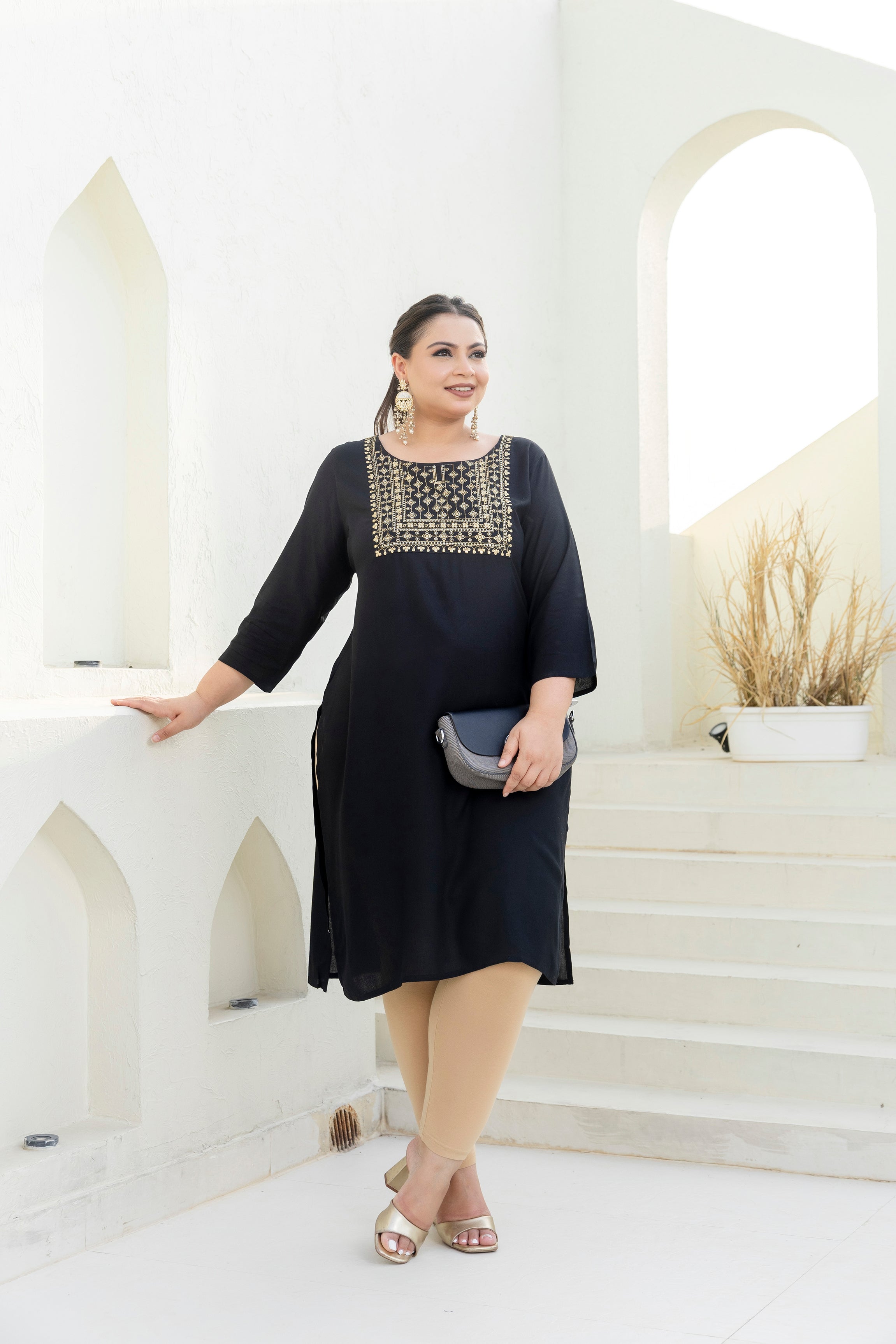 Midnight Noir Embroidered Rayon Kurti