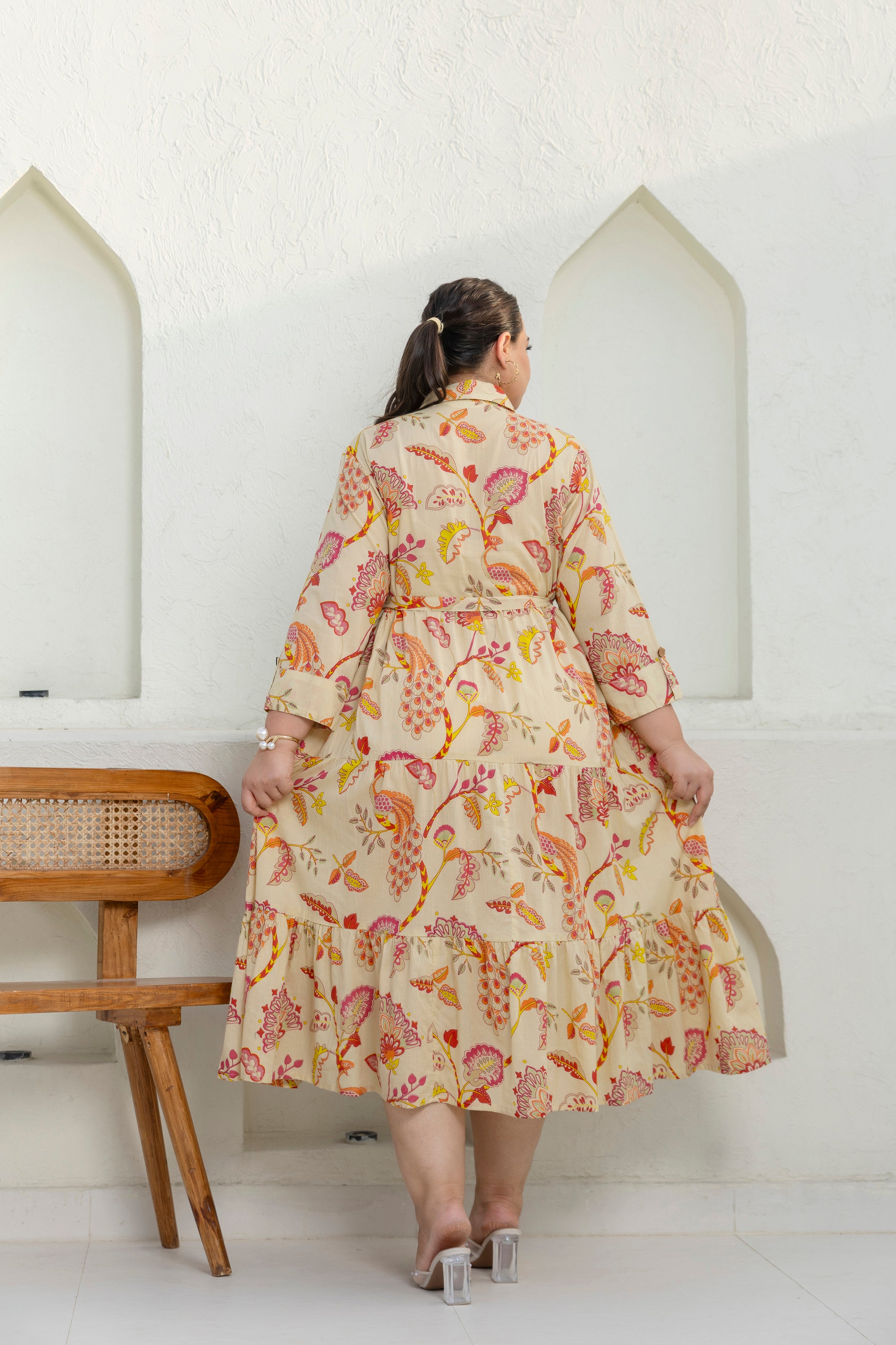 Beige Floral Dress With Front Belt