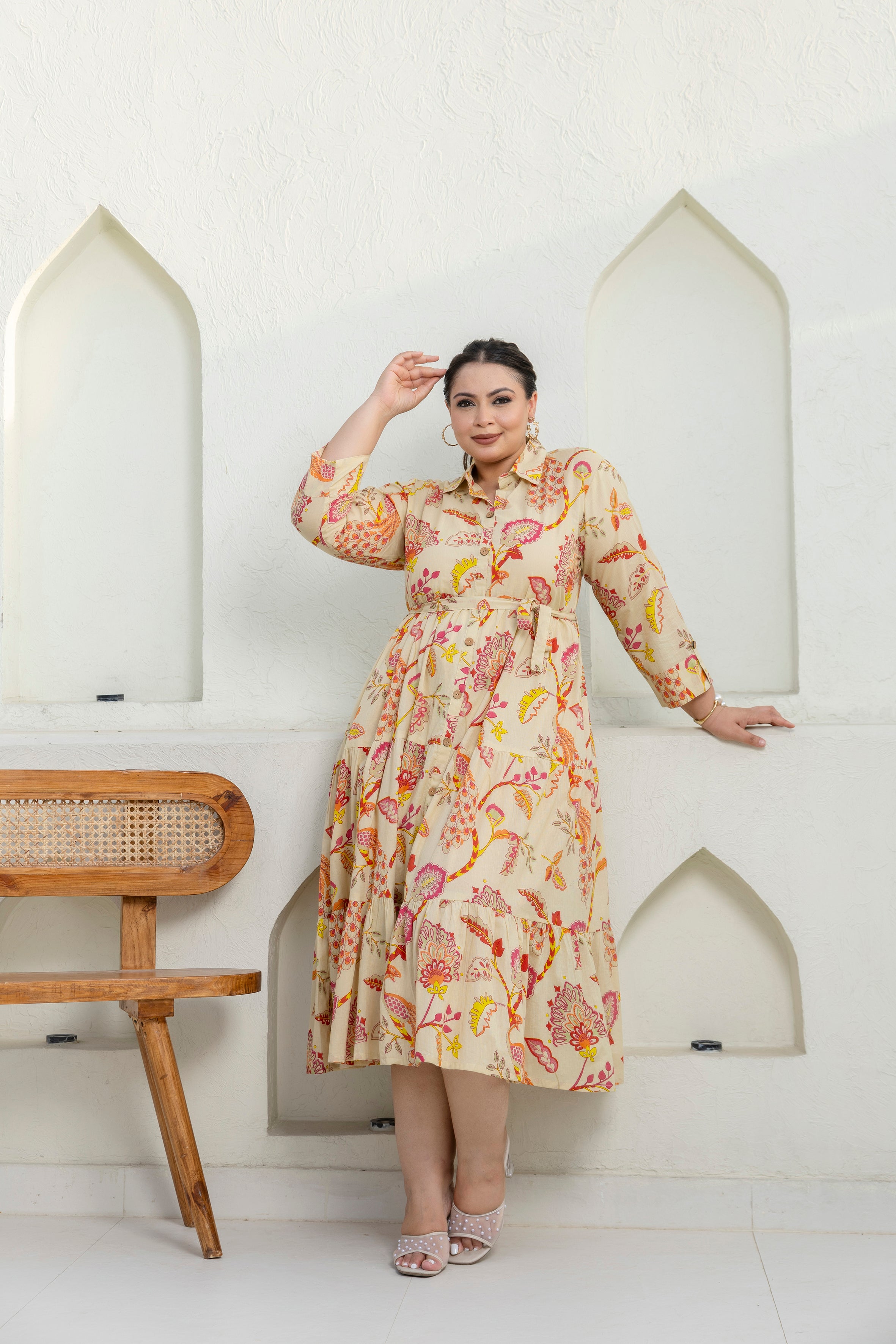 Beige Floral Dress With Front Belt