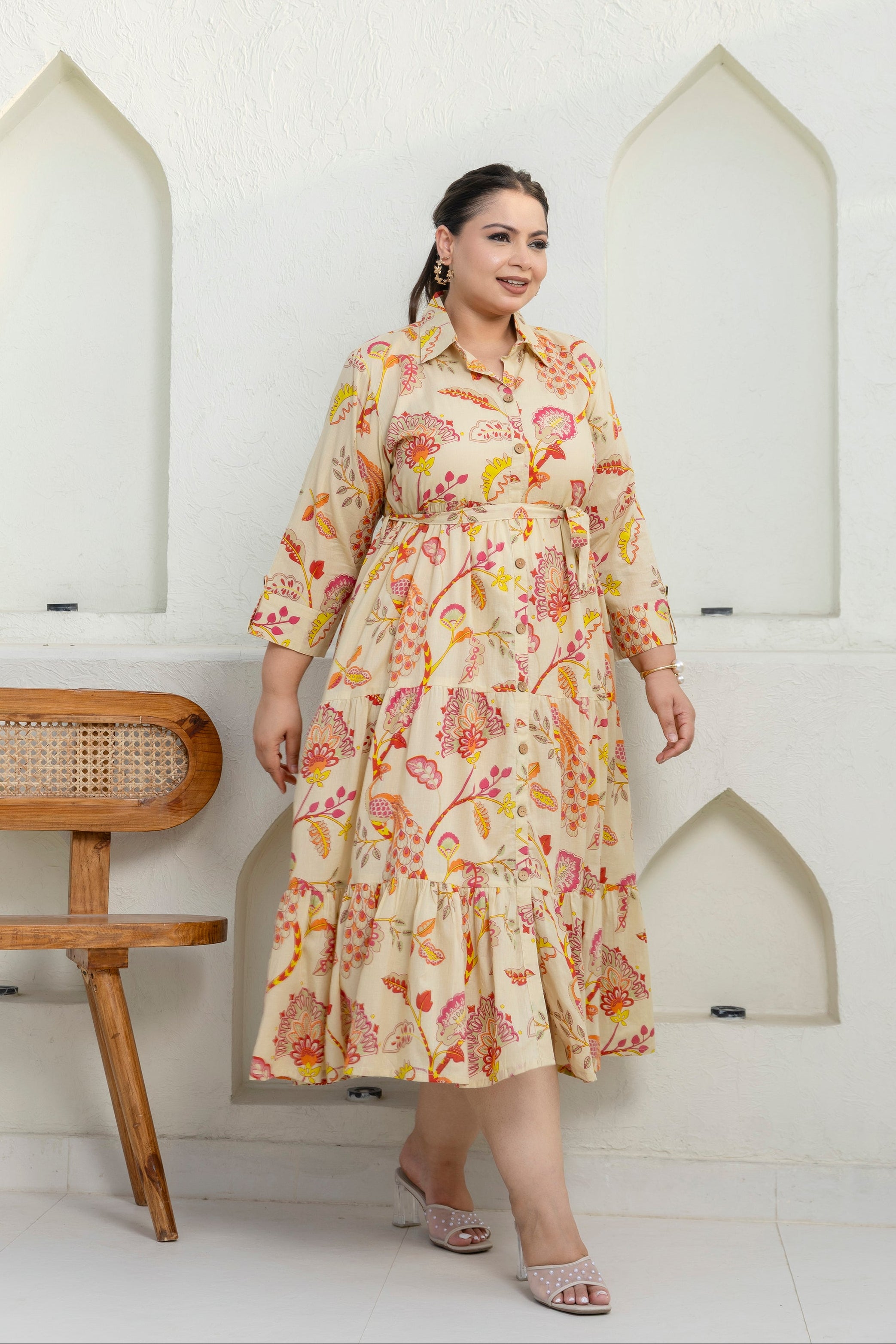 Beige Floral Dress With Front Belt
