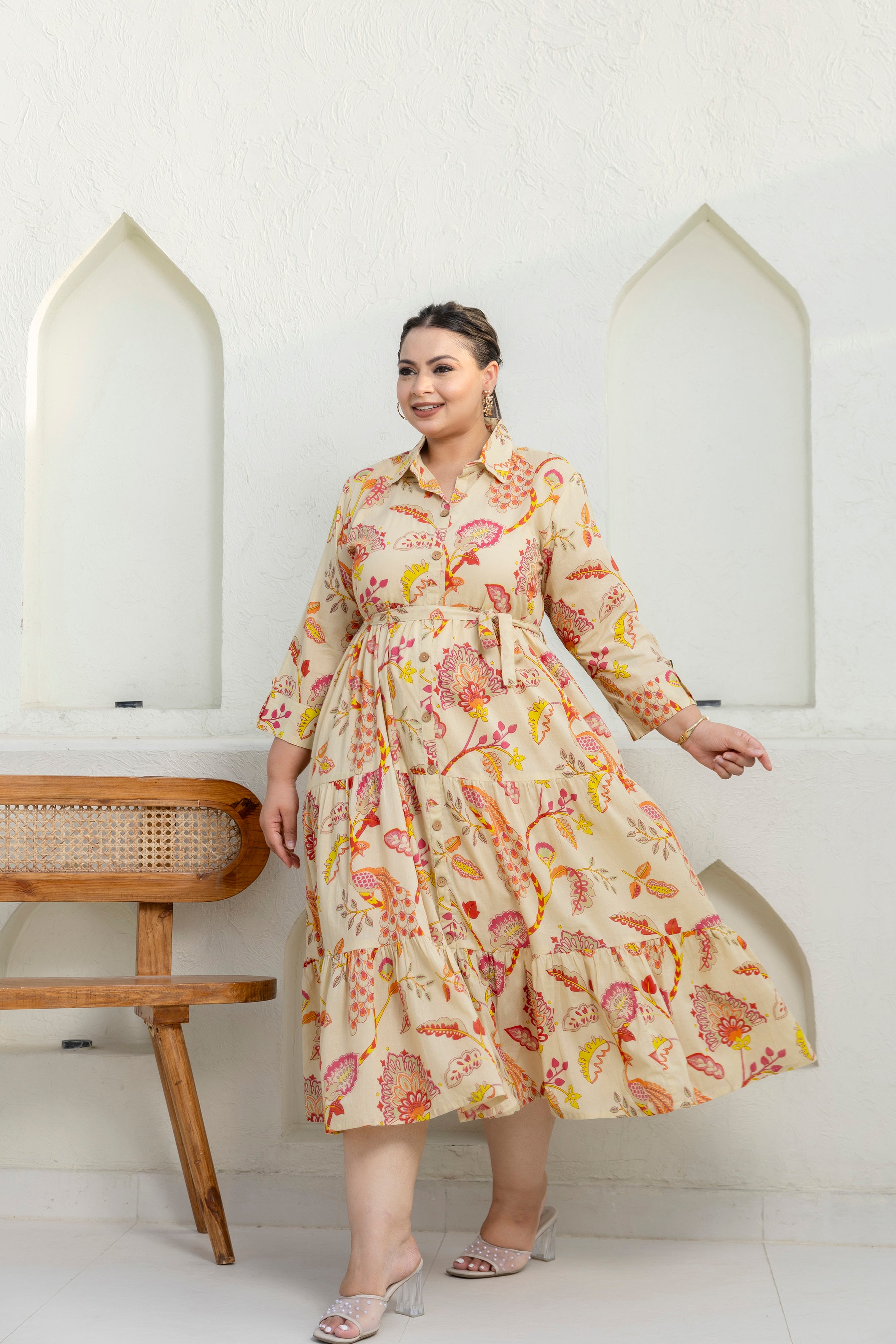 Beige Floral Dress With Front Belt