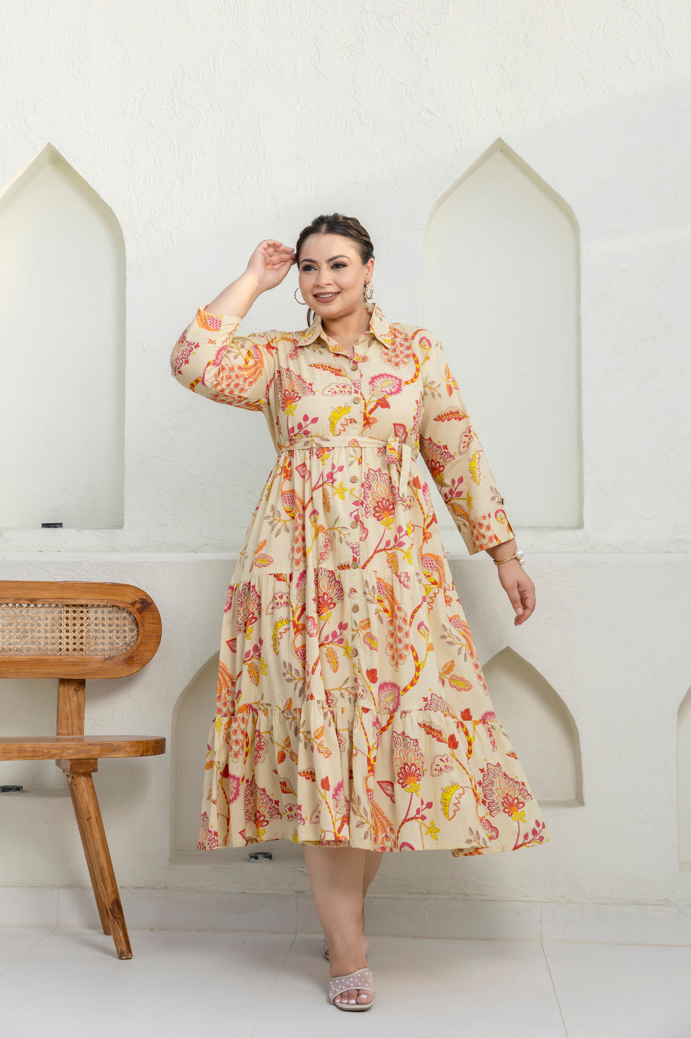 Beige Floral Dress With Front Belt