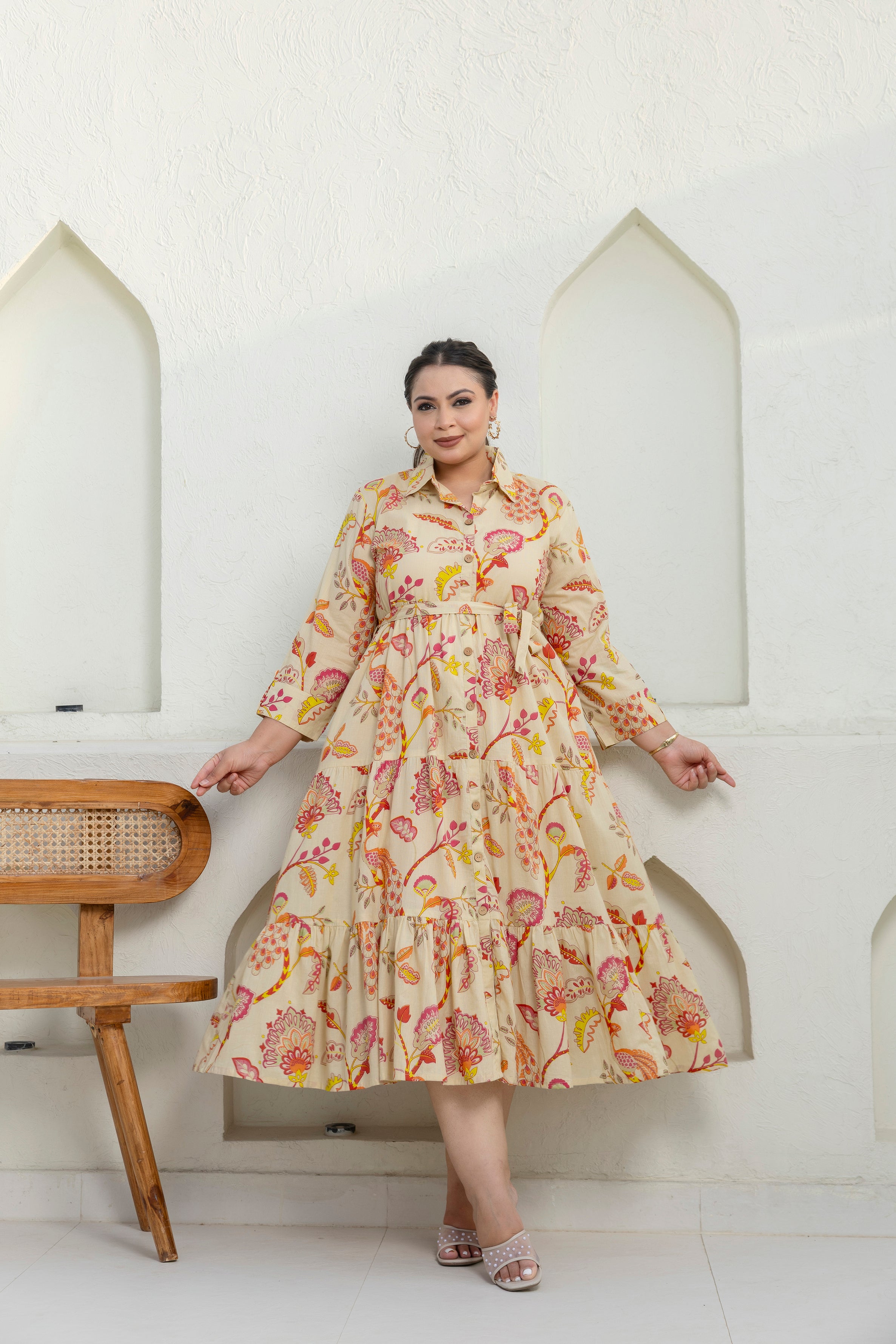 Beige Floral Dress With Front Belt