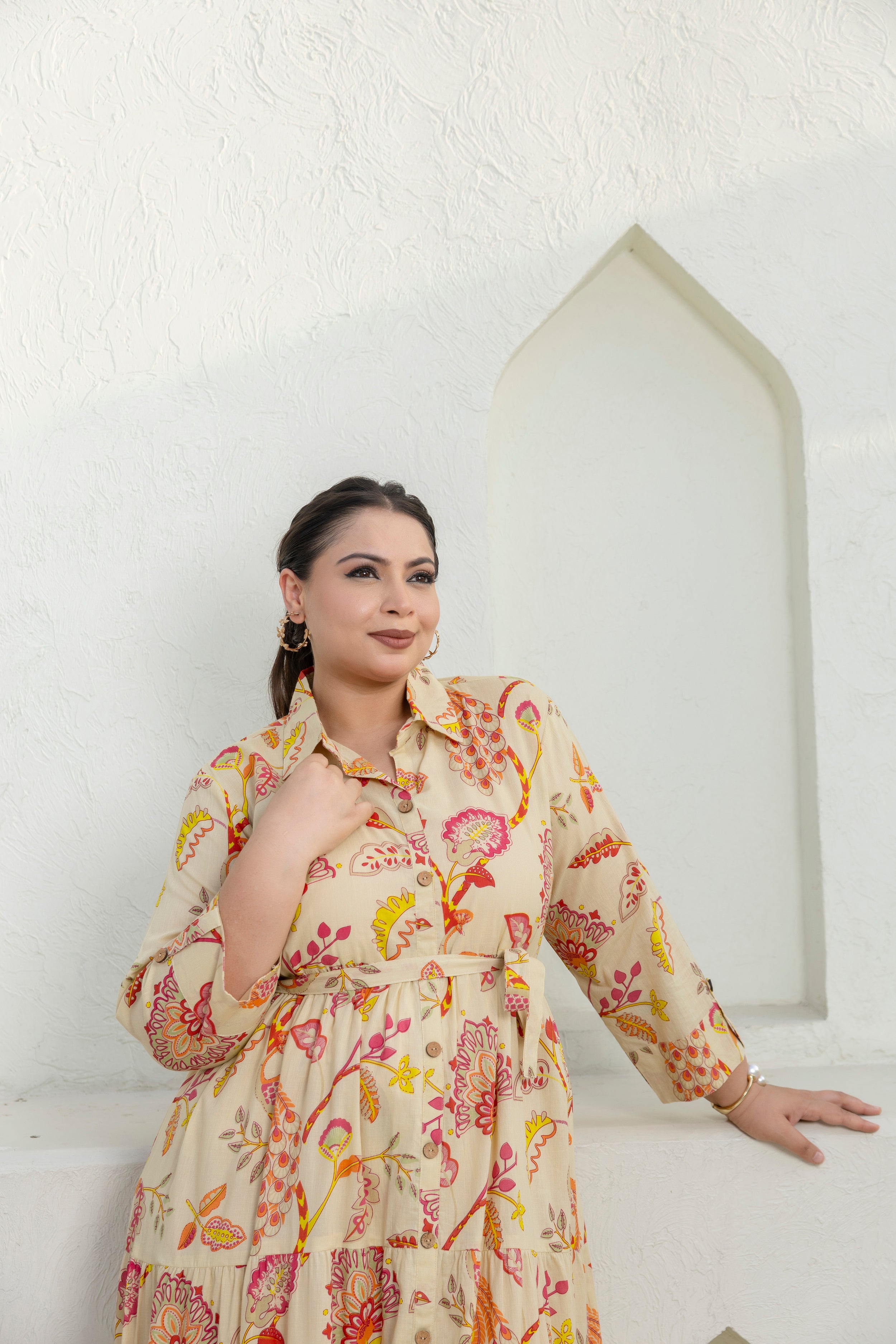 Beige Floral Dress With Front Belt