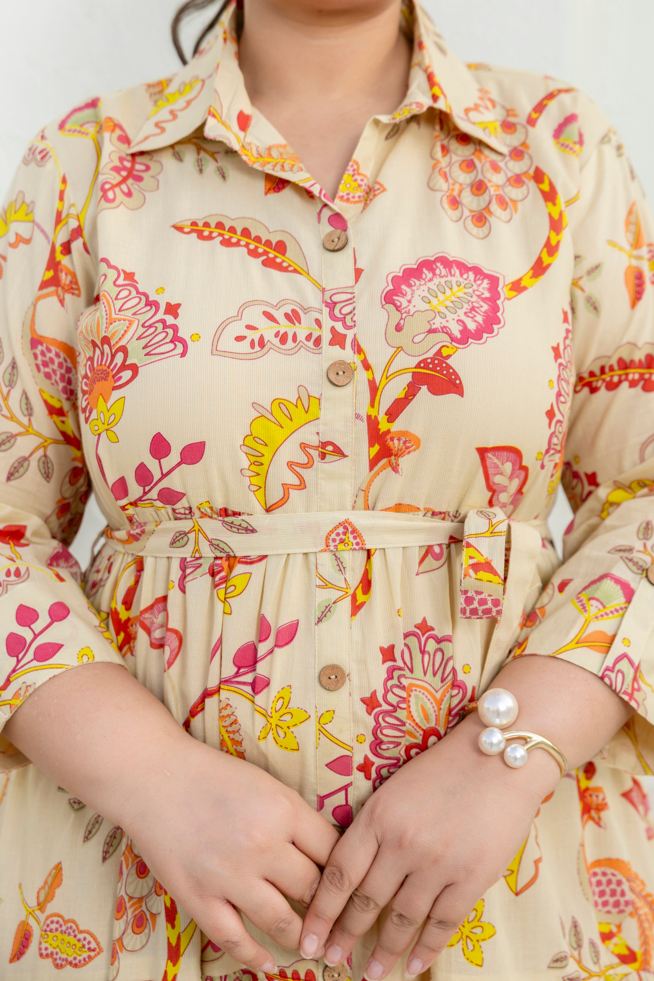 Beige Floral Dress With Front Belt
