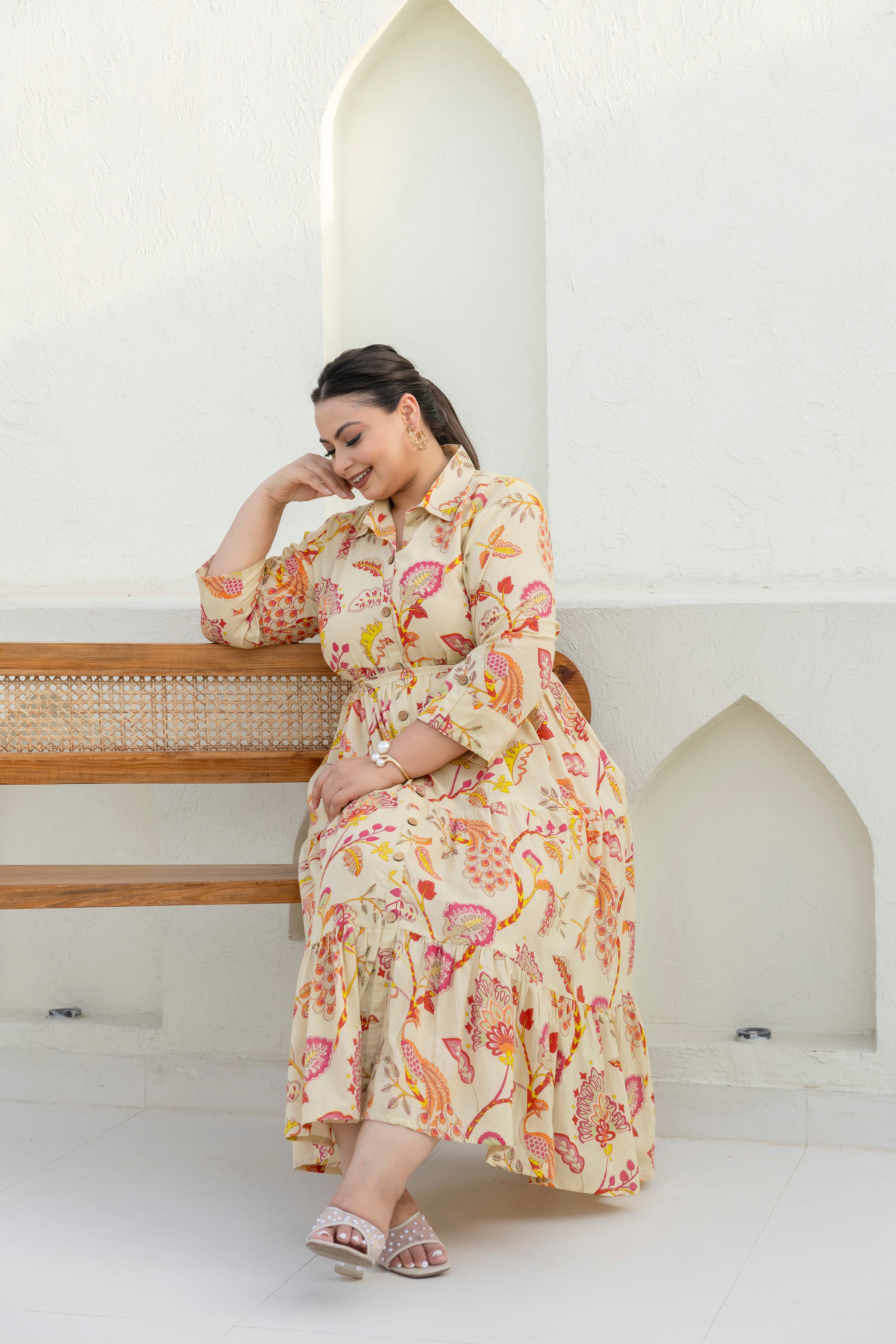 Beige Floral Dress With Front Belt
