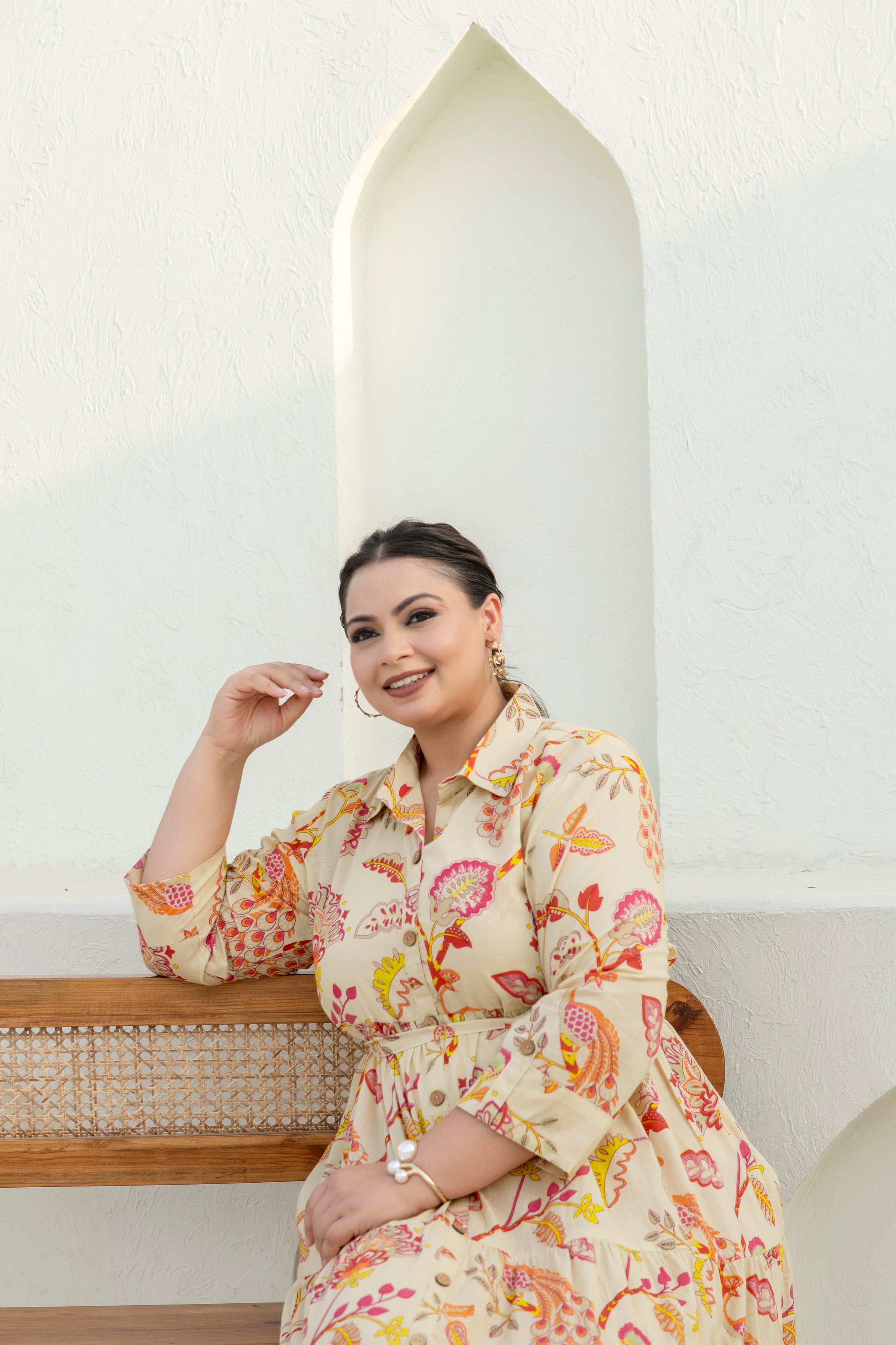 Beige Floral Dress With Front Belt