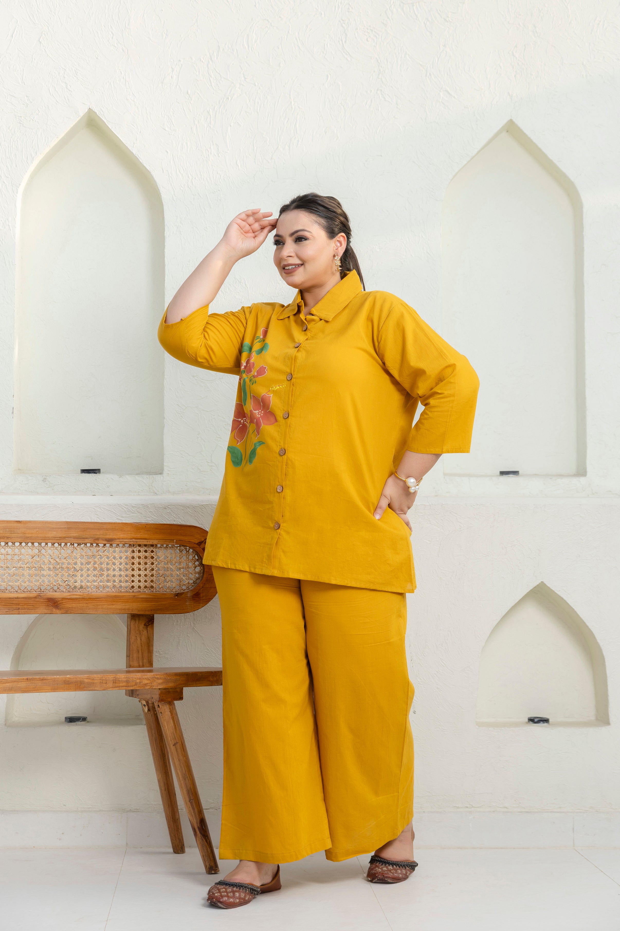 Mustard Yellow Hand Brush Painted Cotton Coord Set