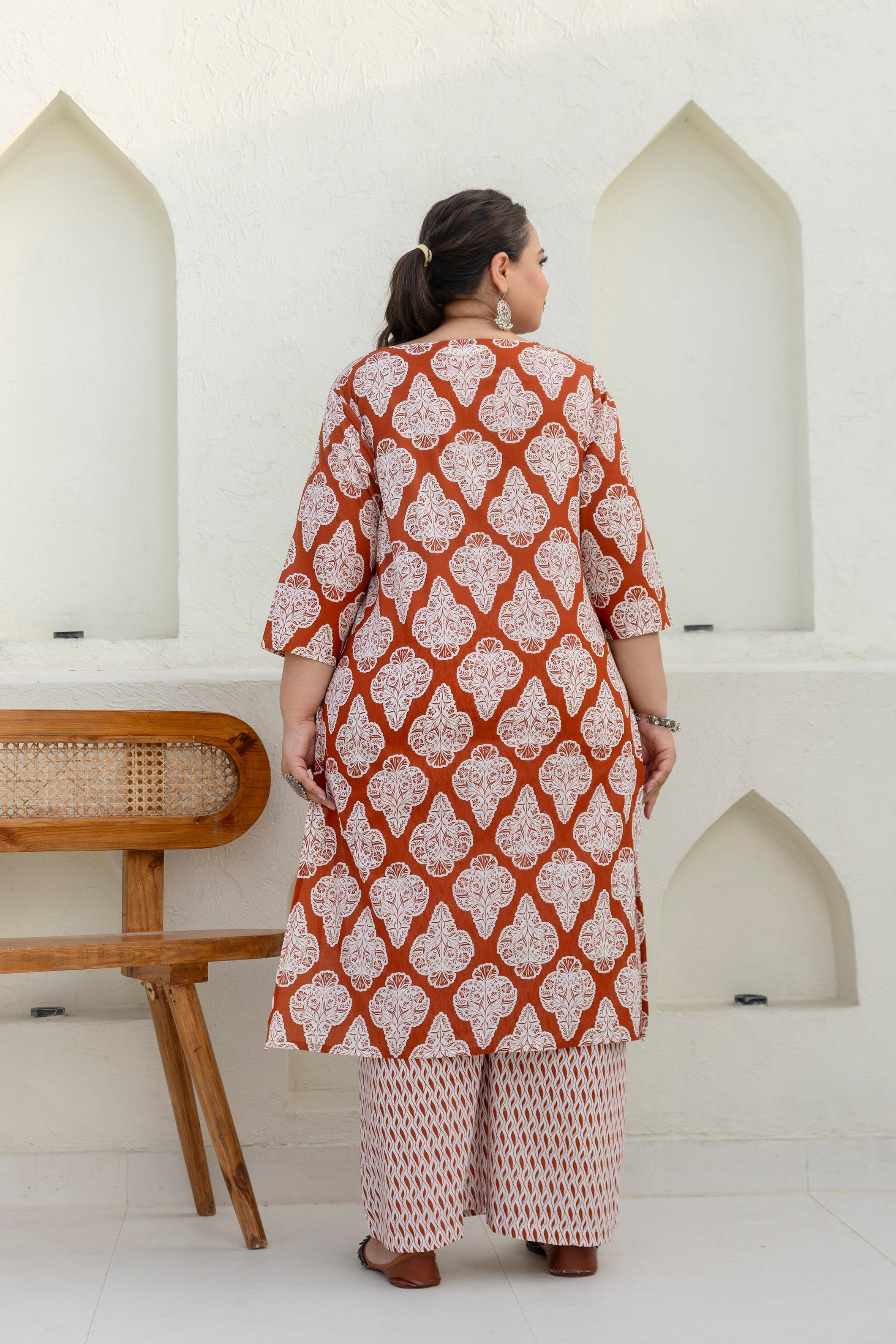 Rust Brown Printed Cotton Kurta Set with Dupatta