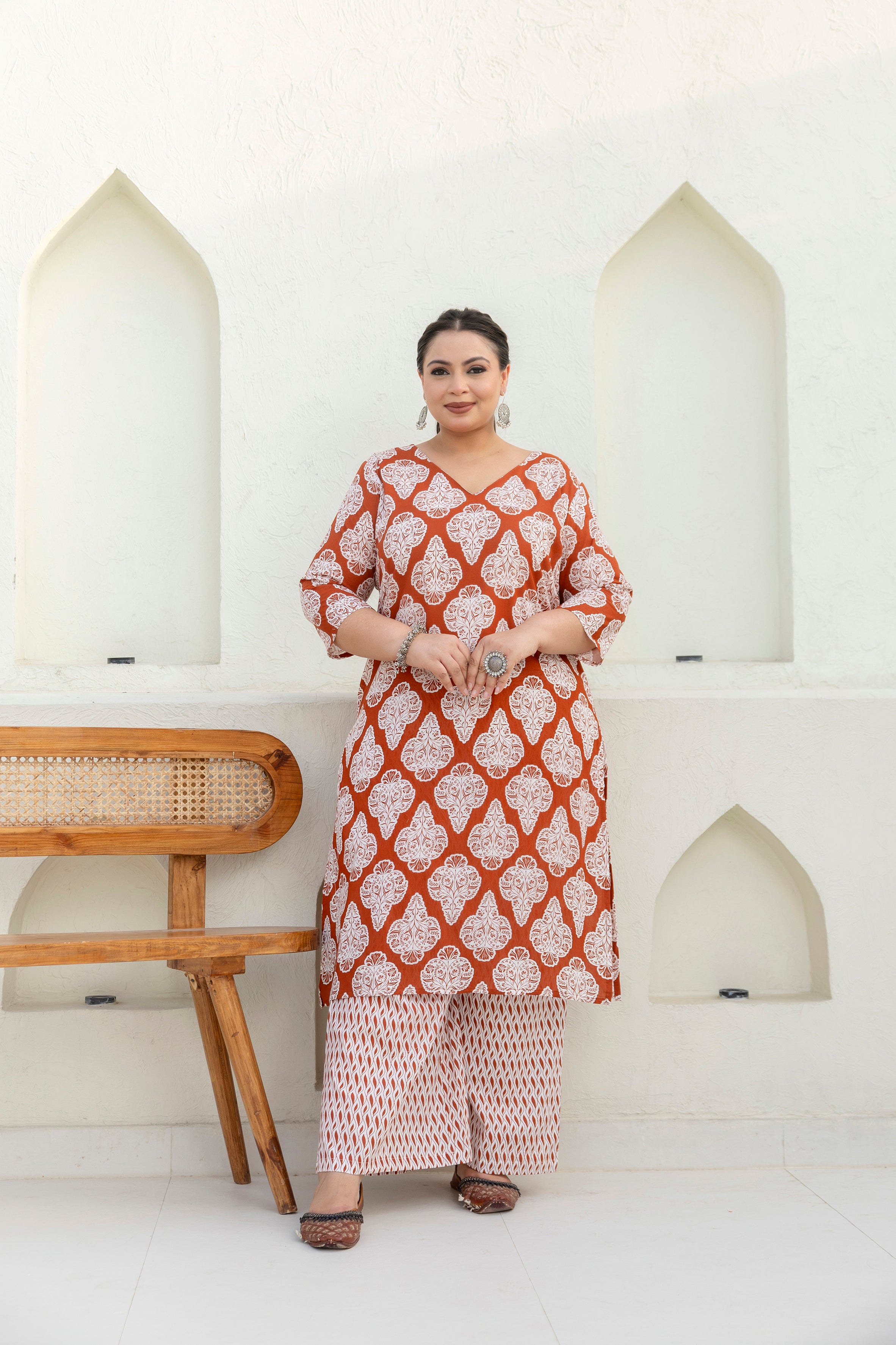 Rust Brown Printed Cotton Kurta Set with Dupatta