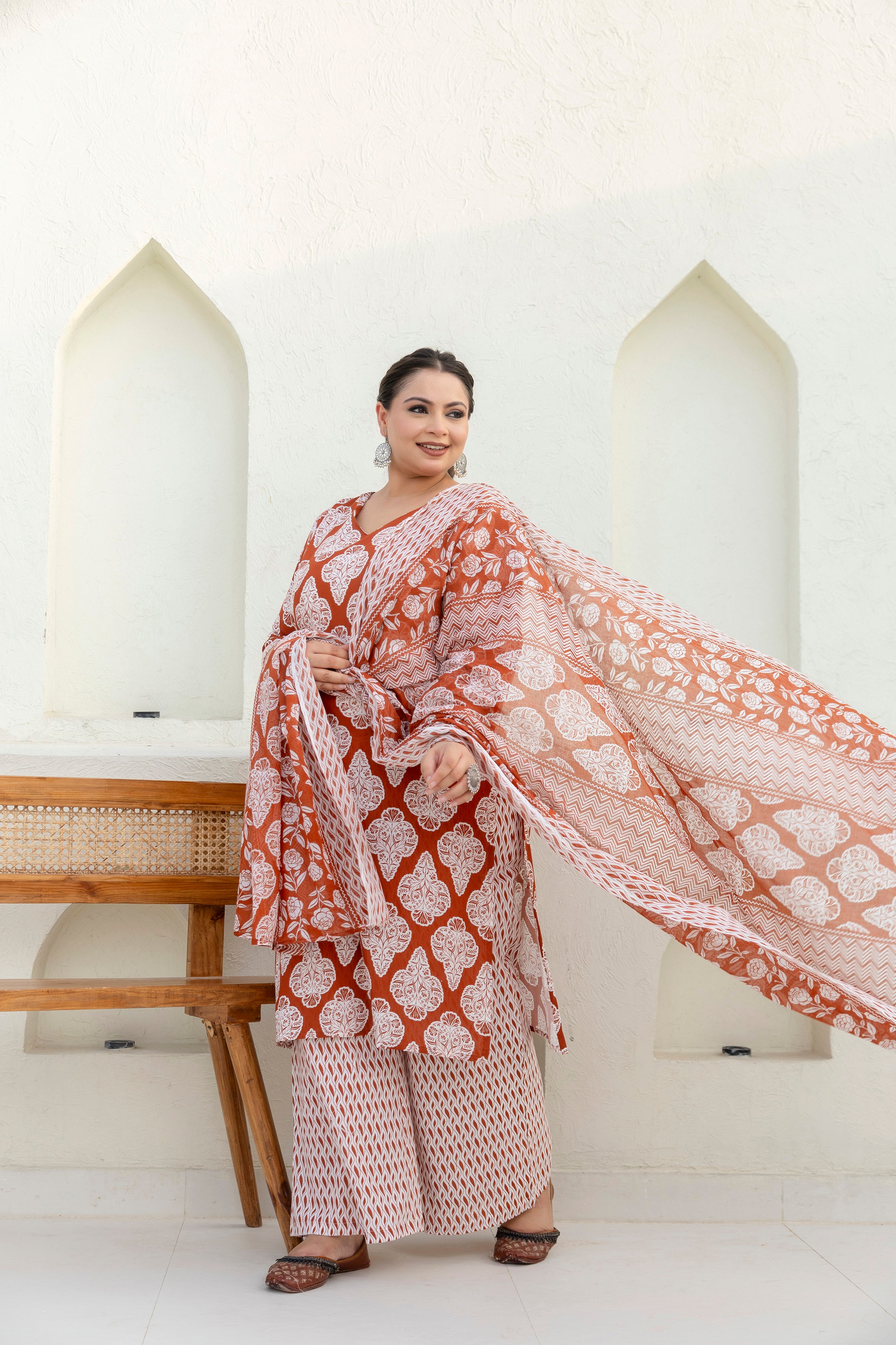 Rust Brown Printed Cotton Kurta Set with Dupatta