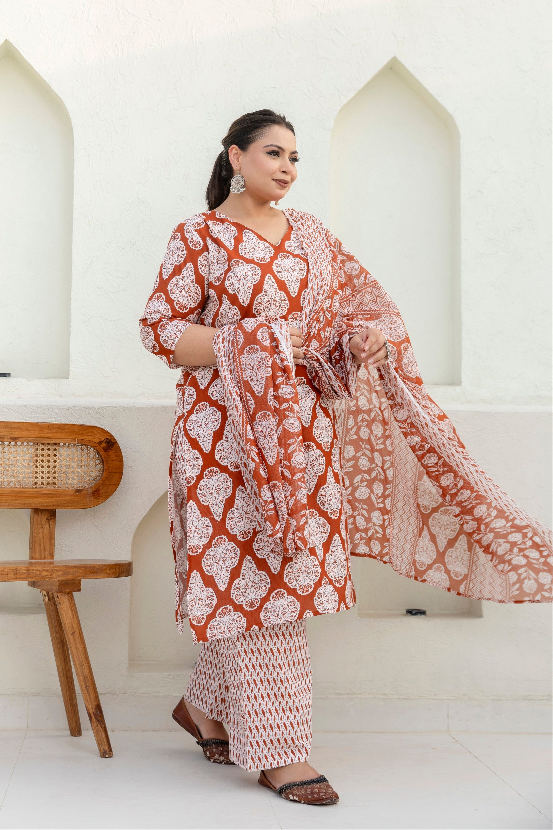 Rust Brown Printed Cotton Kurta Set with Dupatta
