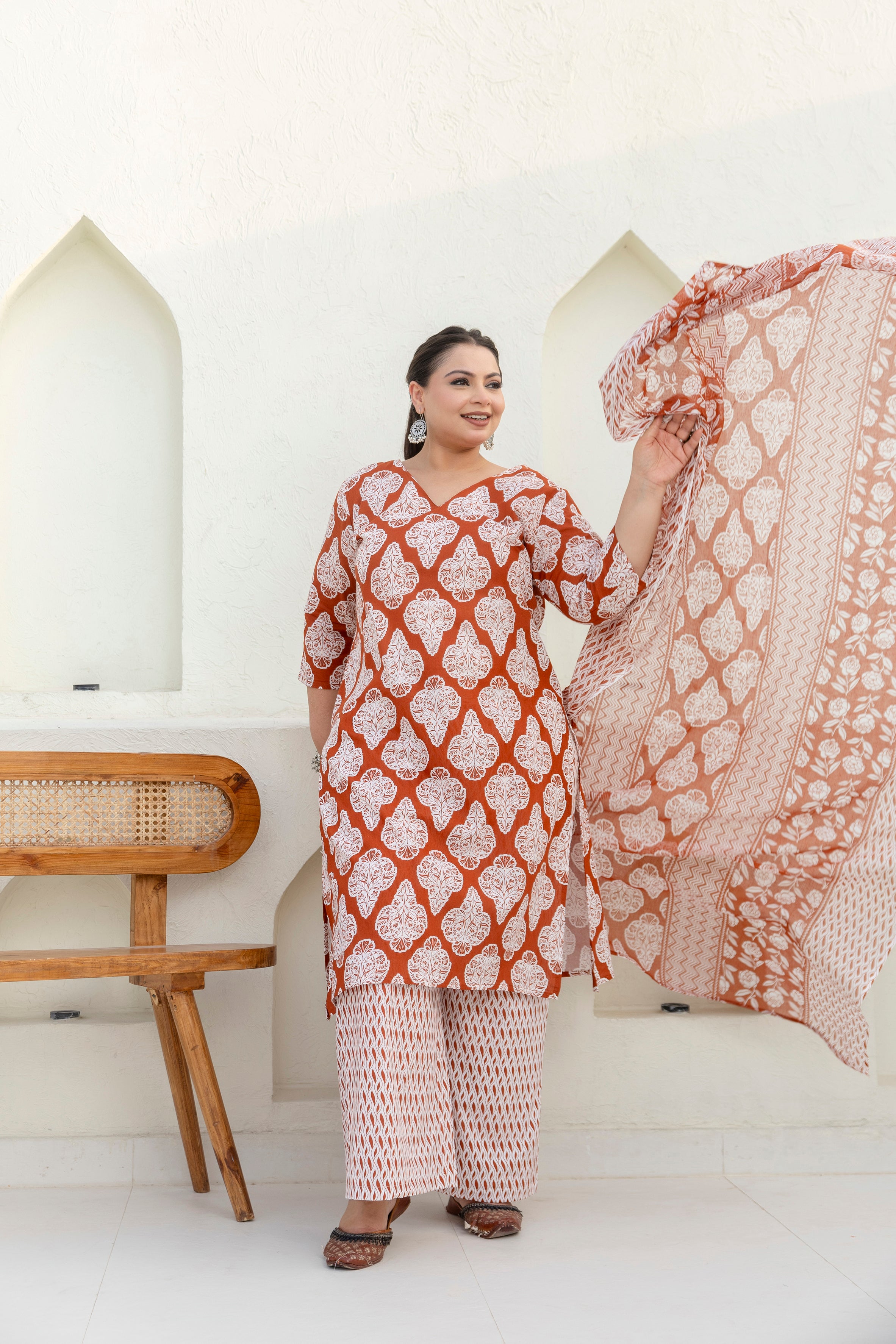 Rust Brown Printed Cotton Kurta Set with Dupatta