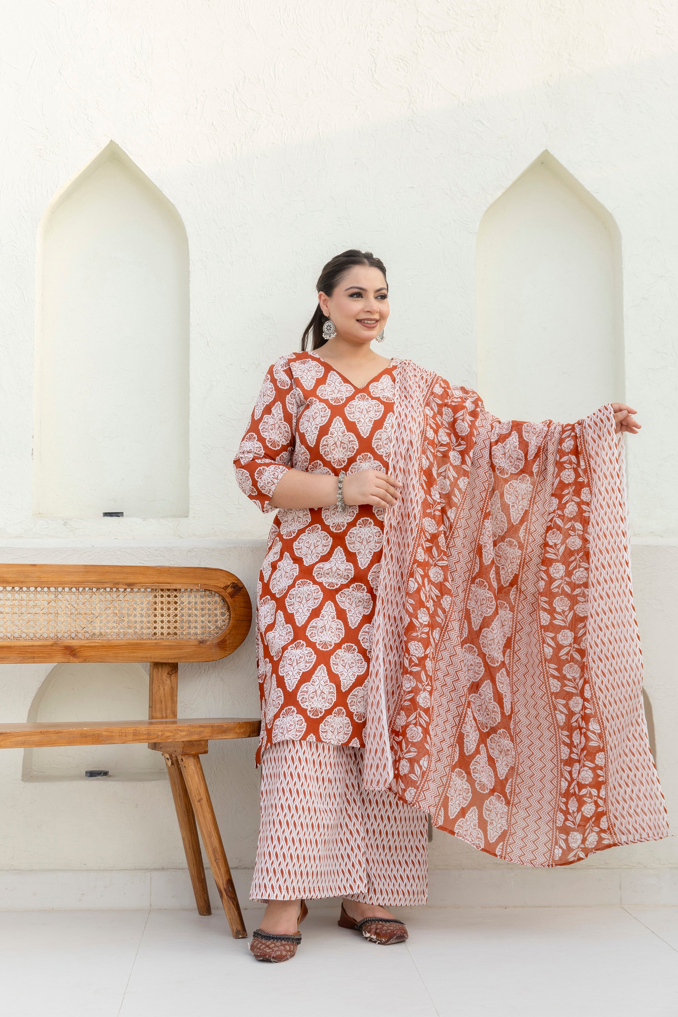 Rust Brown Printed Cotton Kurta Set with Dupatta