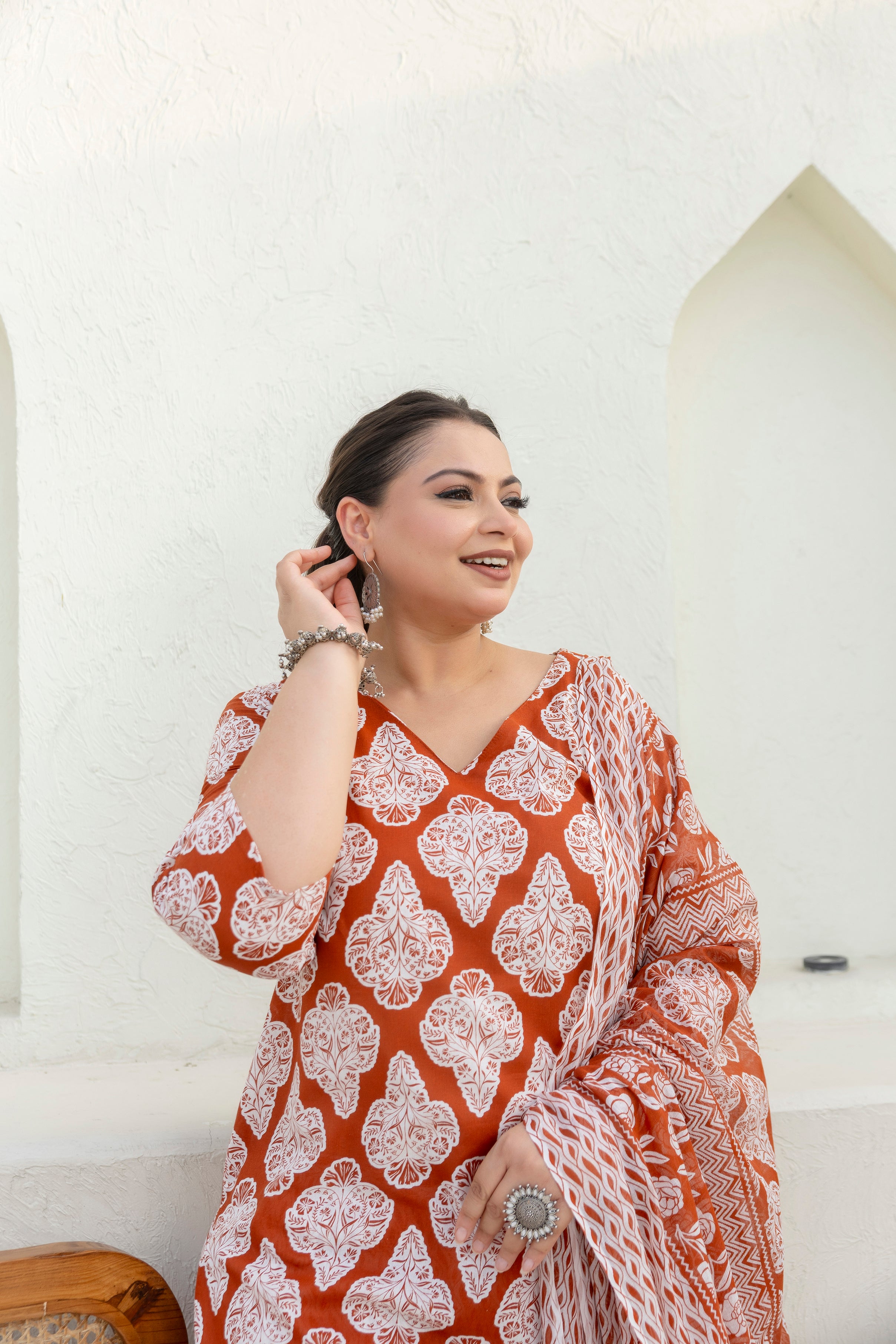 Rust Brown Printed Cotton Kurta Set with Dupatta