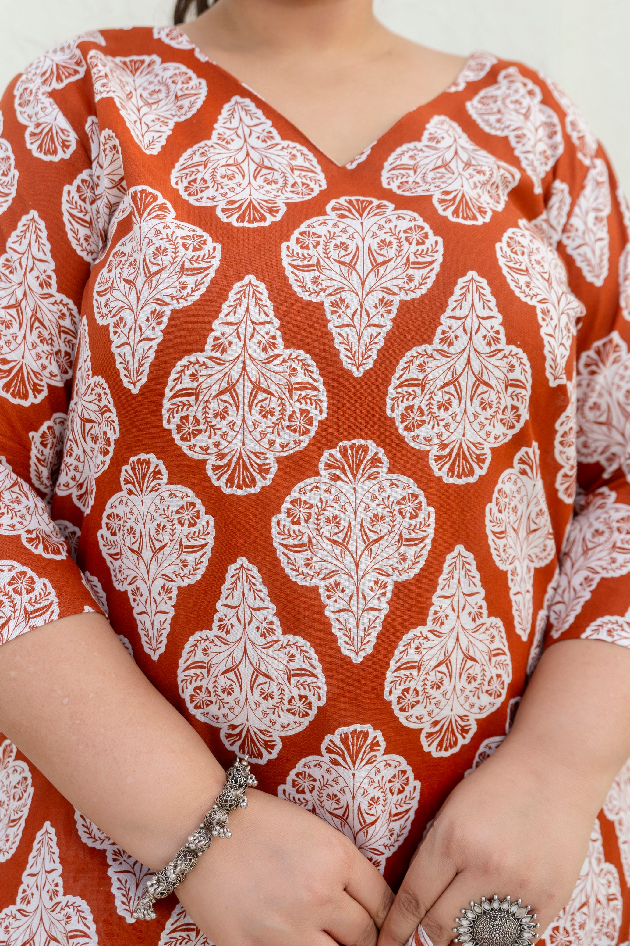 Rust Brown Printed Cotton Kurta Set with Dupatta