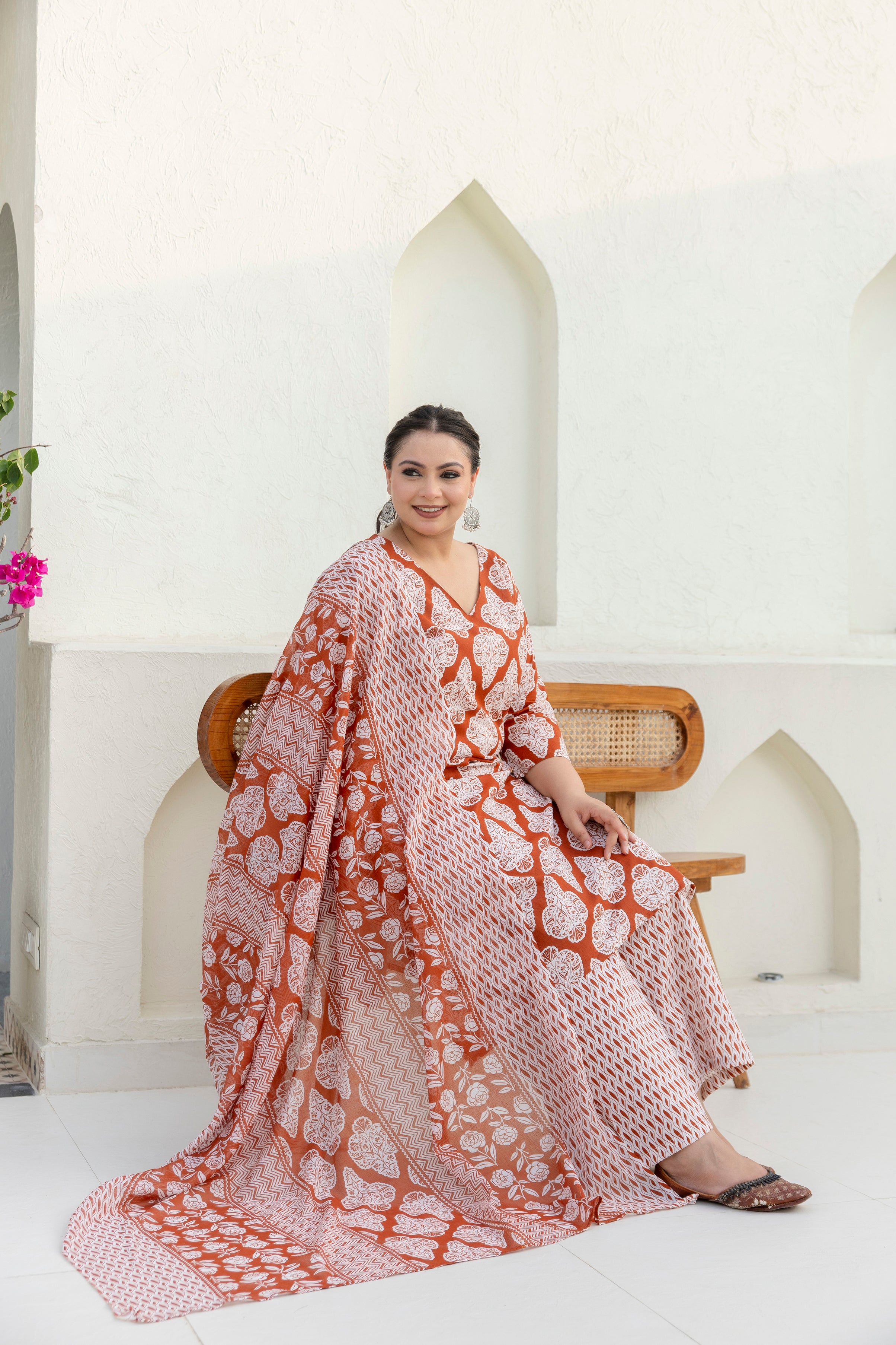 Rust Brown Printed Cotton Kurta Set with Dupatta