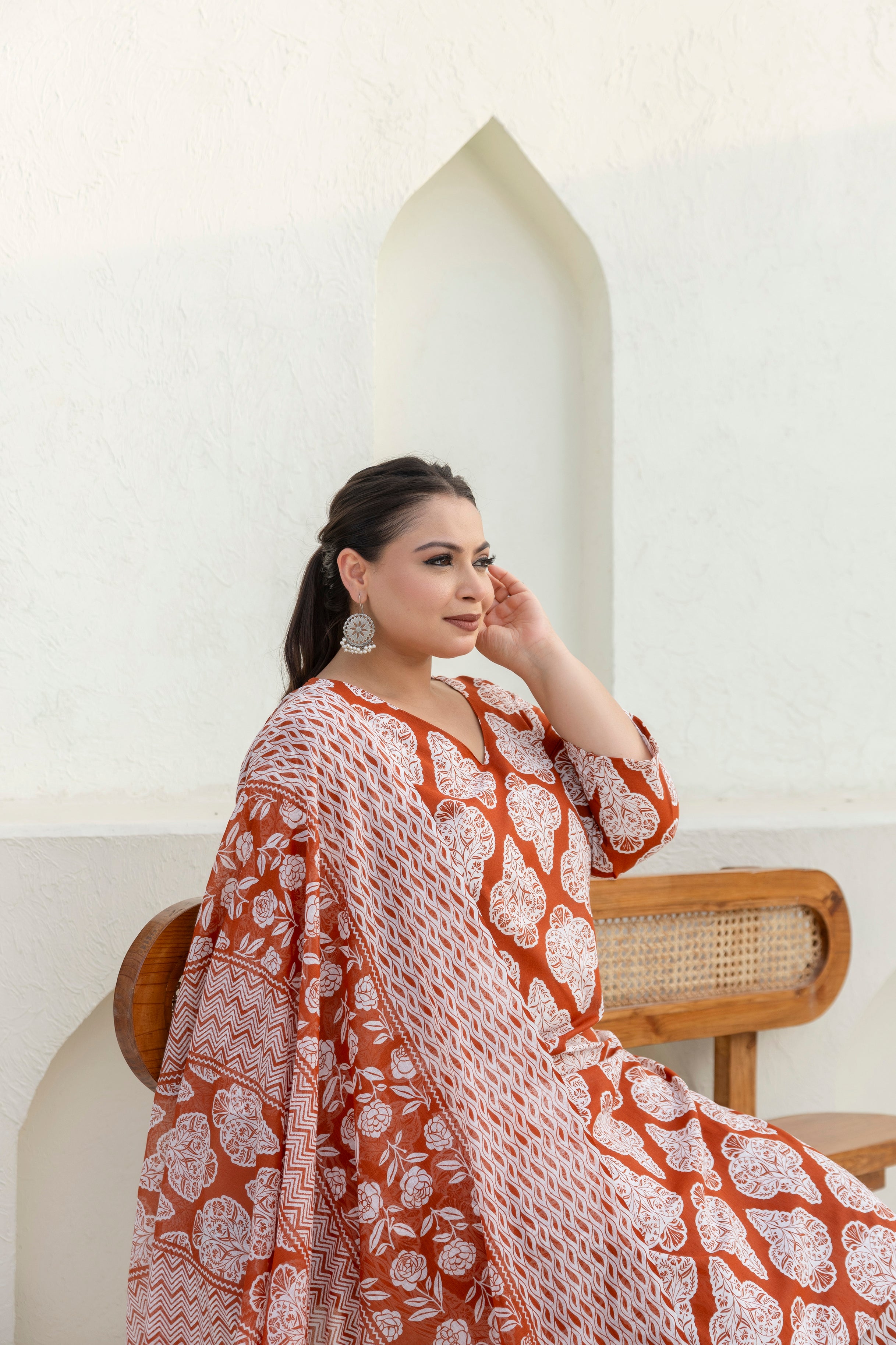 Rust Brown Printed Cotton Kurta Set with Dupatta