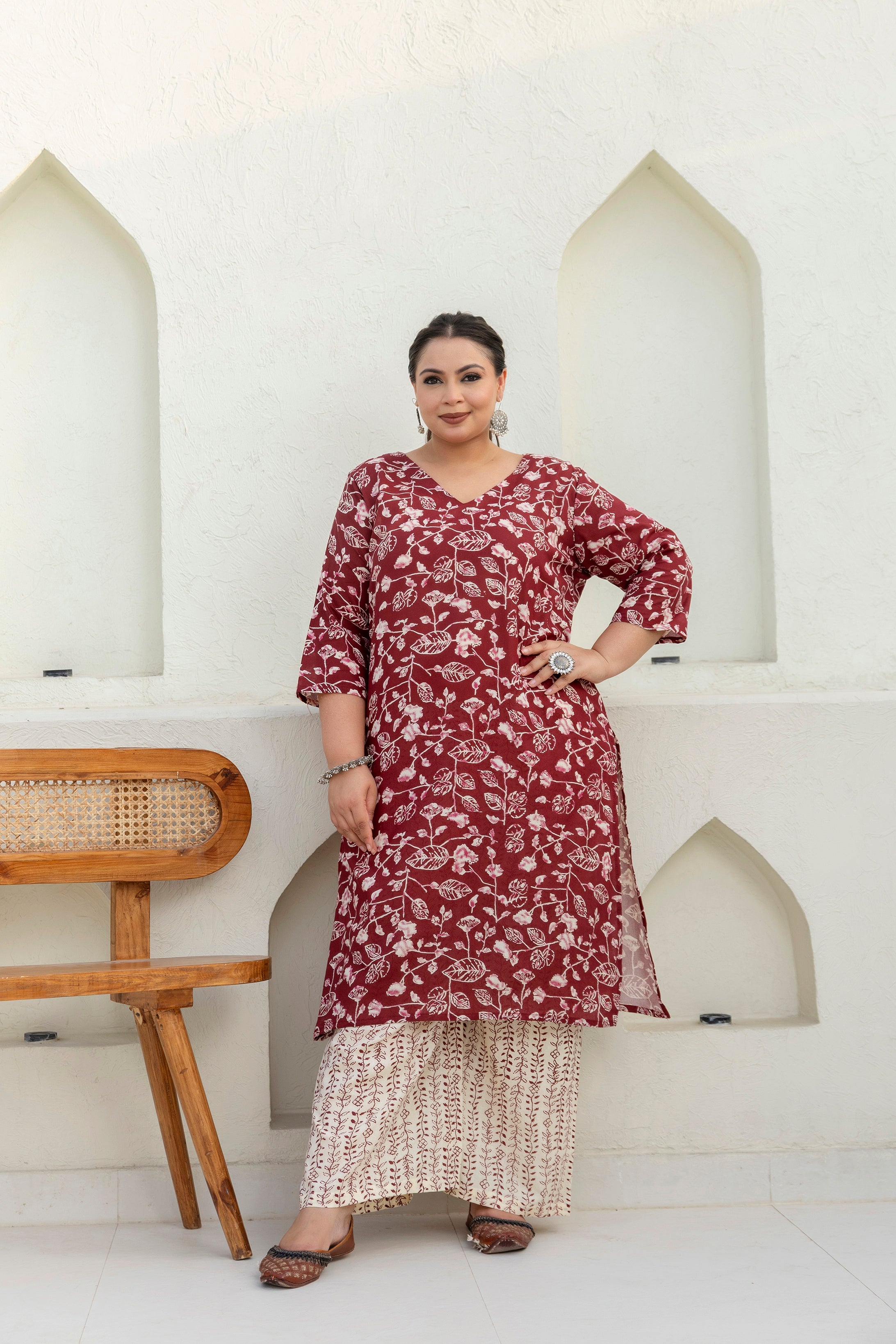 Maroon Cotton Kurta Set with Dupatta