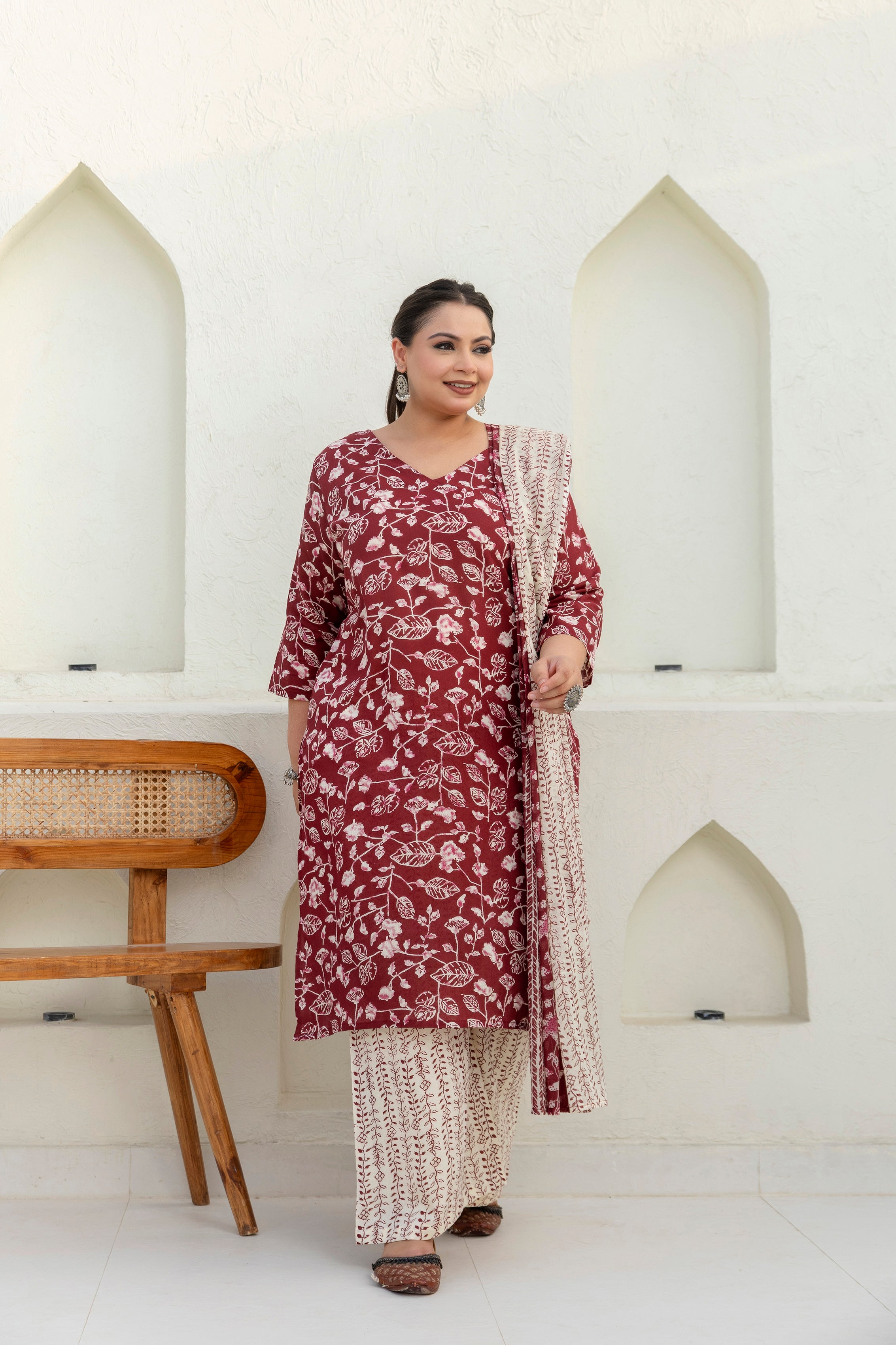 Maroon Cotton Kurta Set with Dupatta
