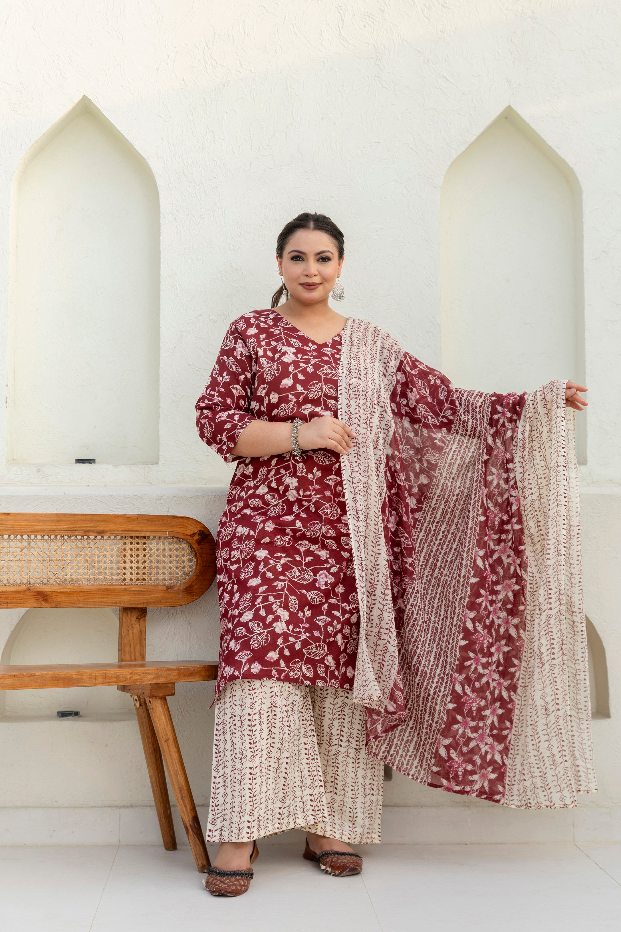 Maroon Cotton Kurta Set with Dupatta