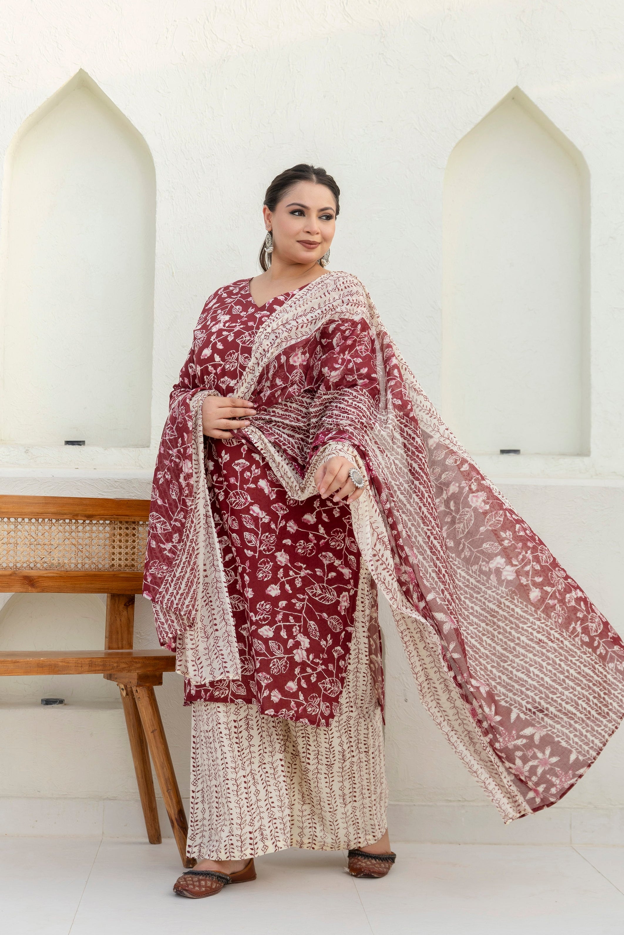 Maroon Cotton Kurta Set with Dupatta
