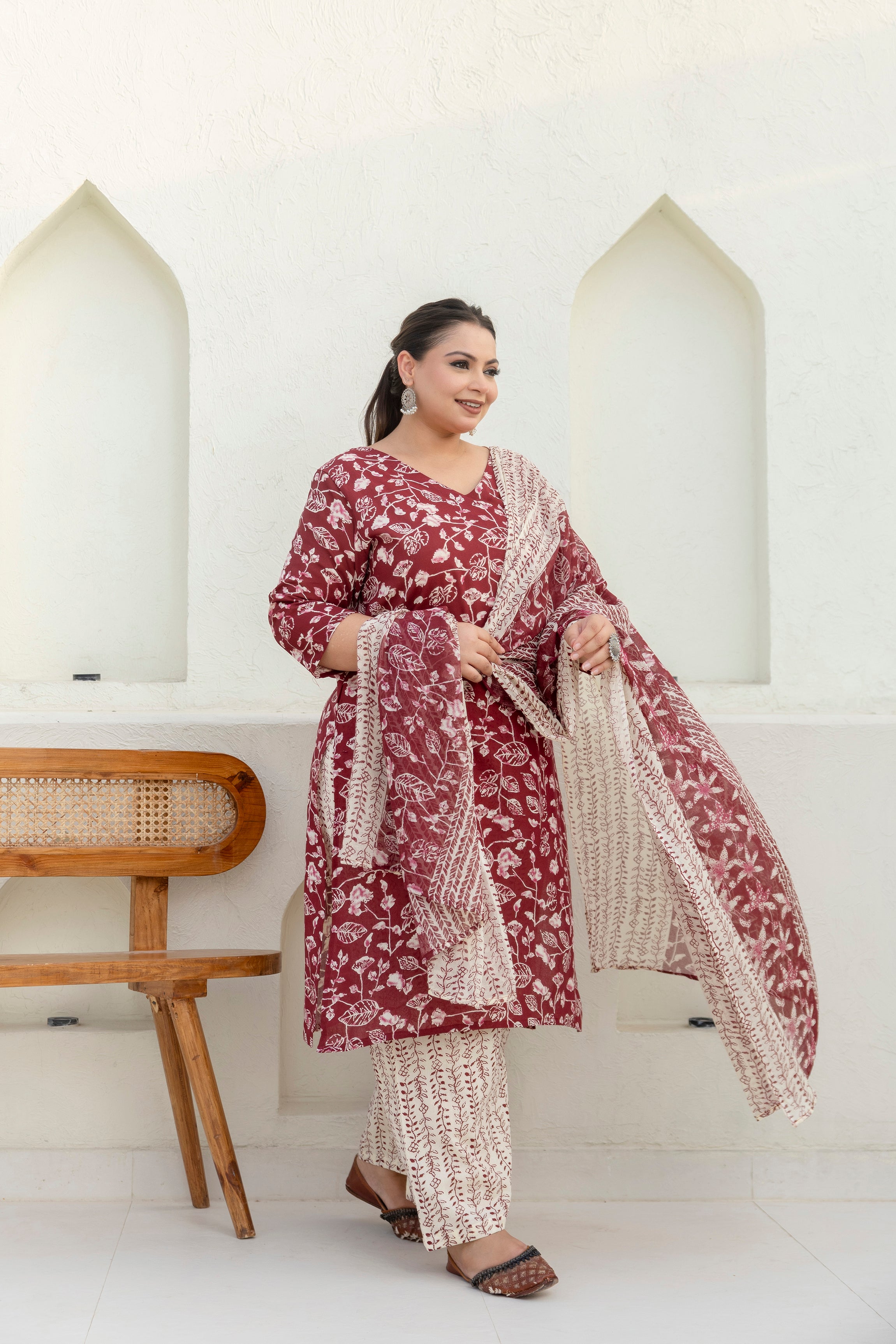 Maroon Cotton Kurta Set with Dupatta