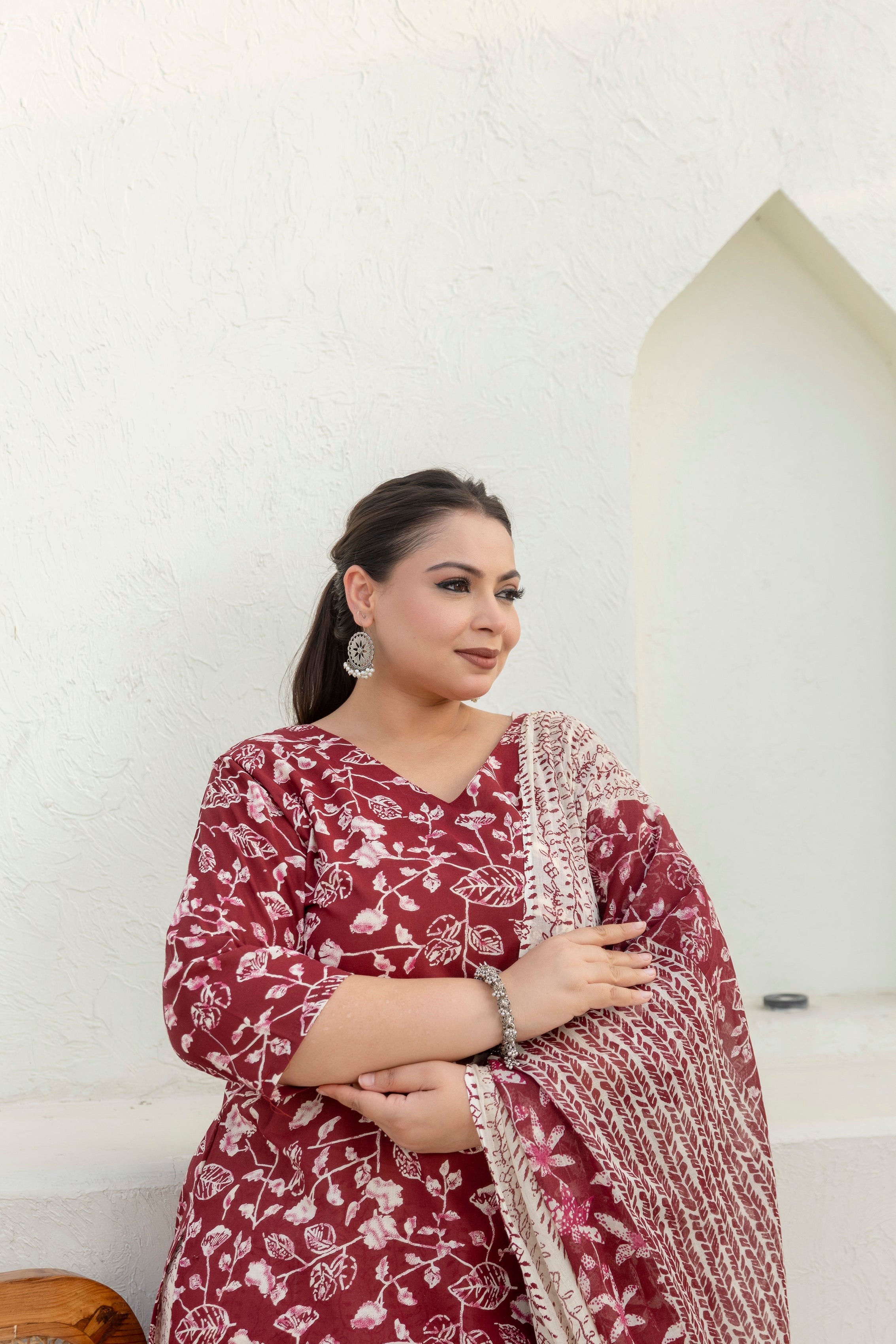 Maroon Cotton Kurta Set with Dupatta