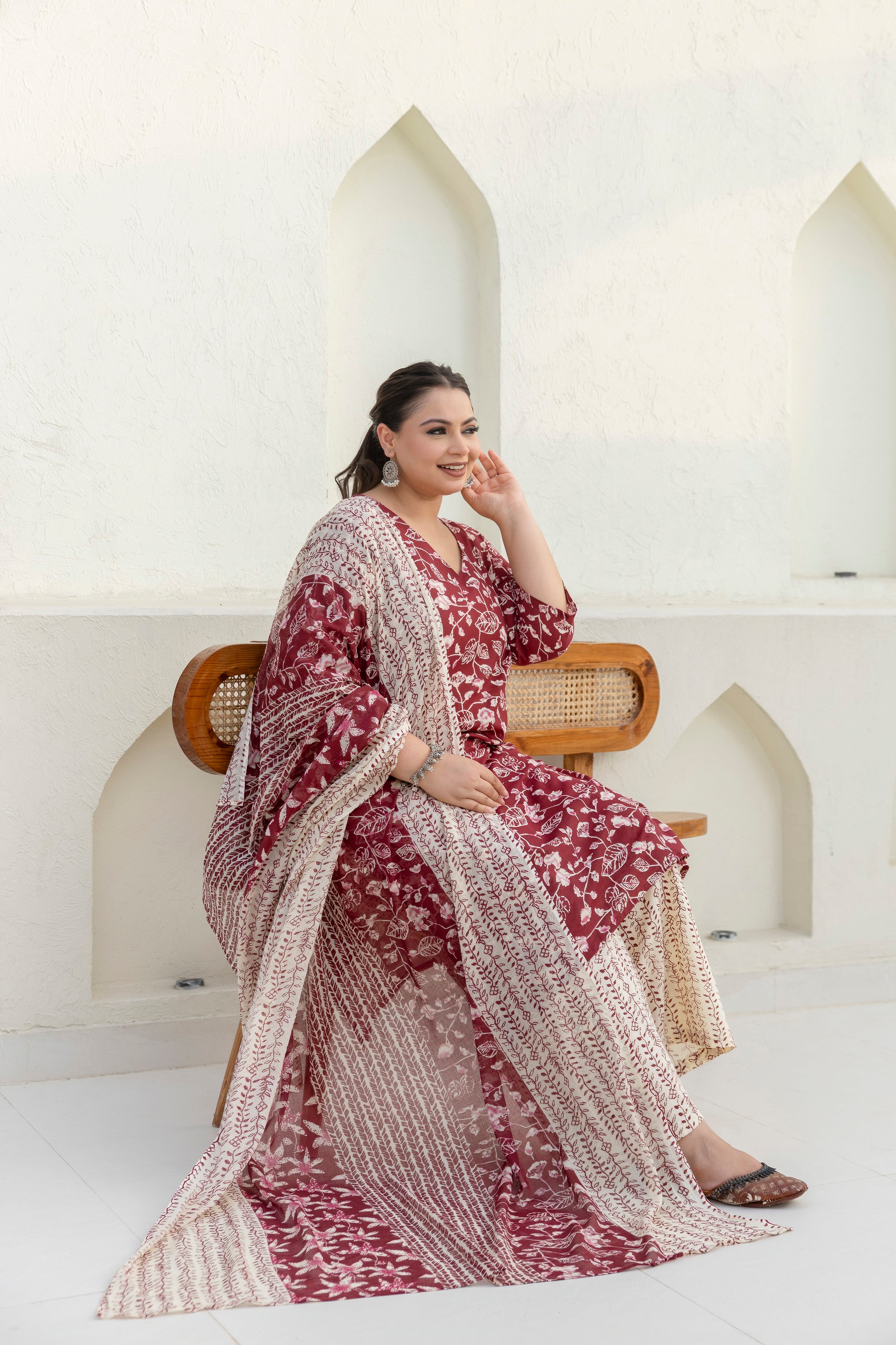 Maroon Cotton Kurta Set with Dupatta