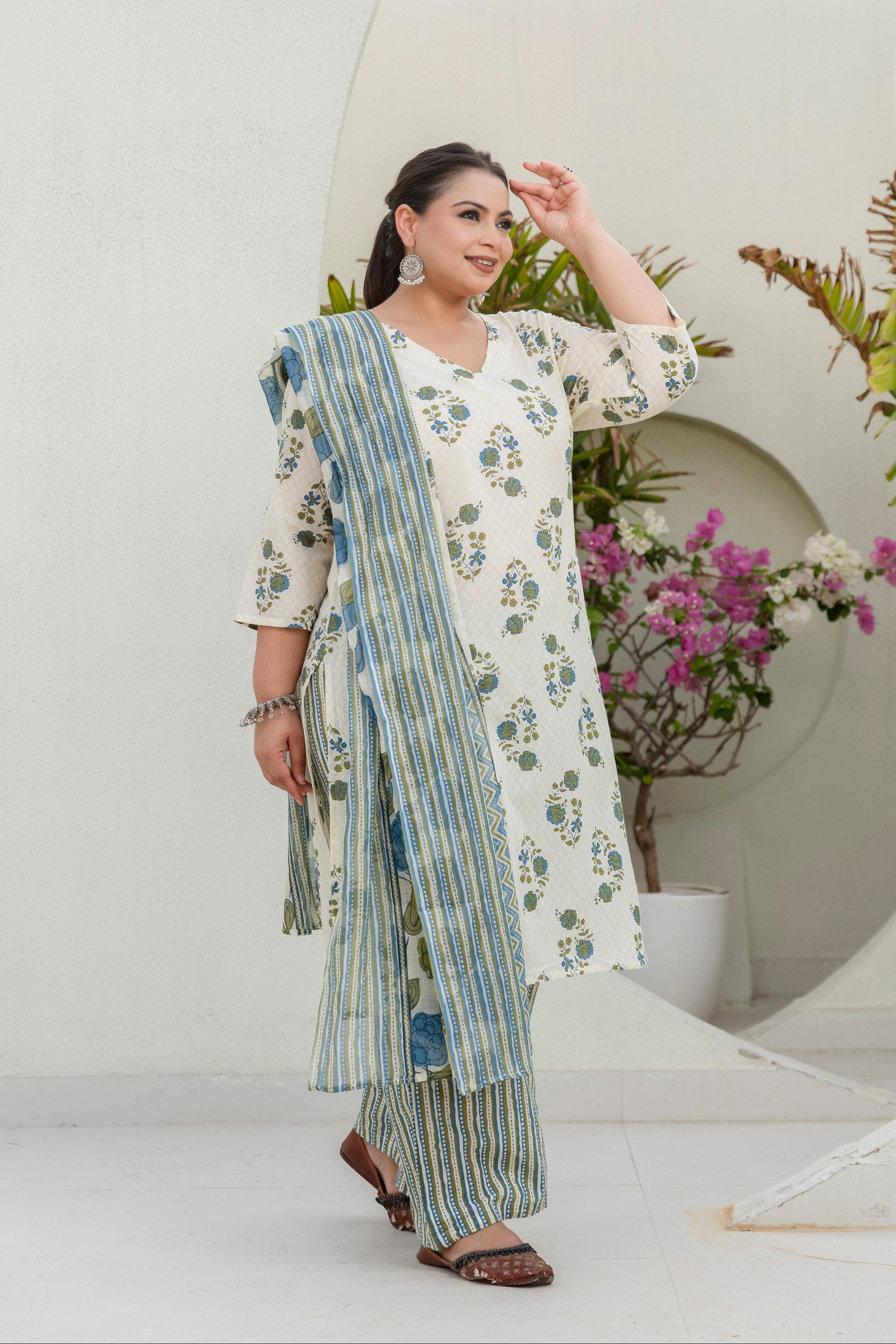 Cream Blue Floral Kurta Set with Dupatta