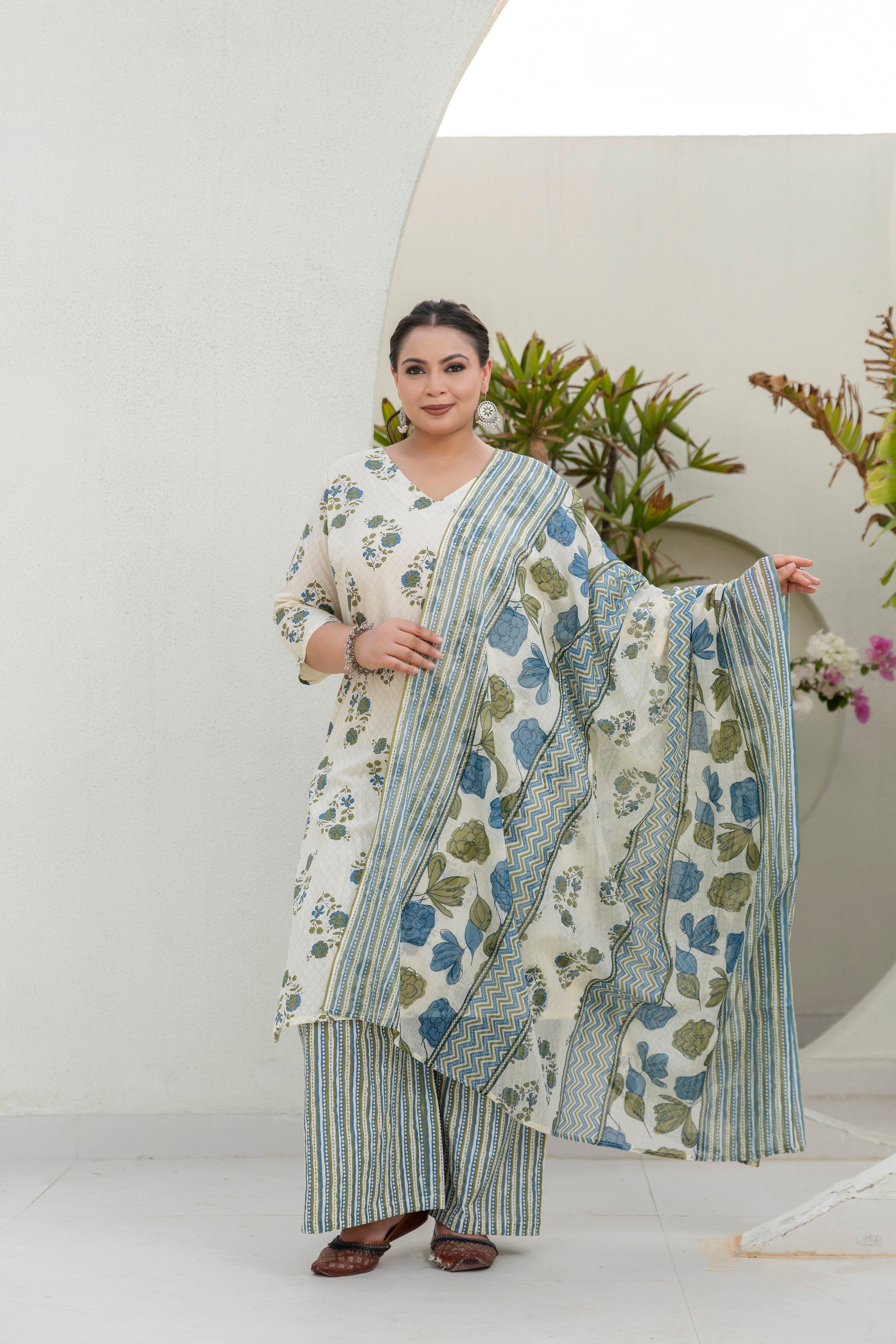 Cream Blue Floral Kurta Set with Dupatta