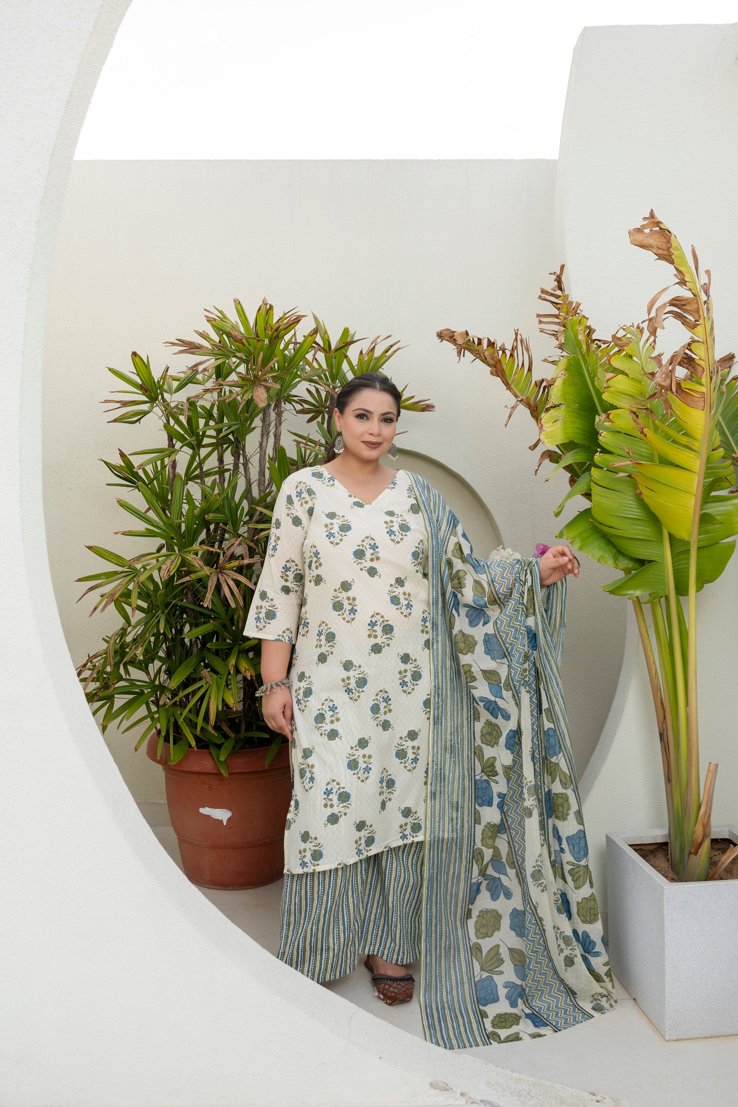 Cream Blue Floral Kurta Set with Dupatta