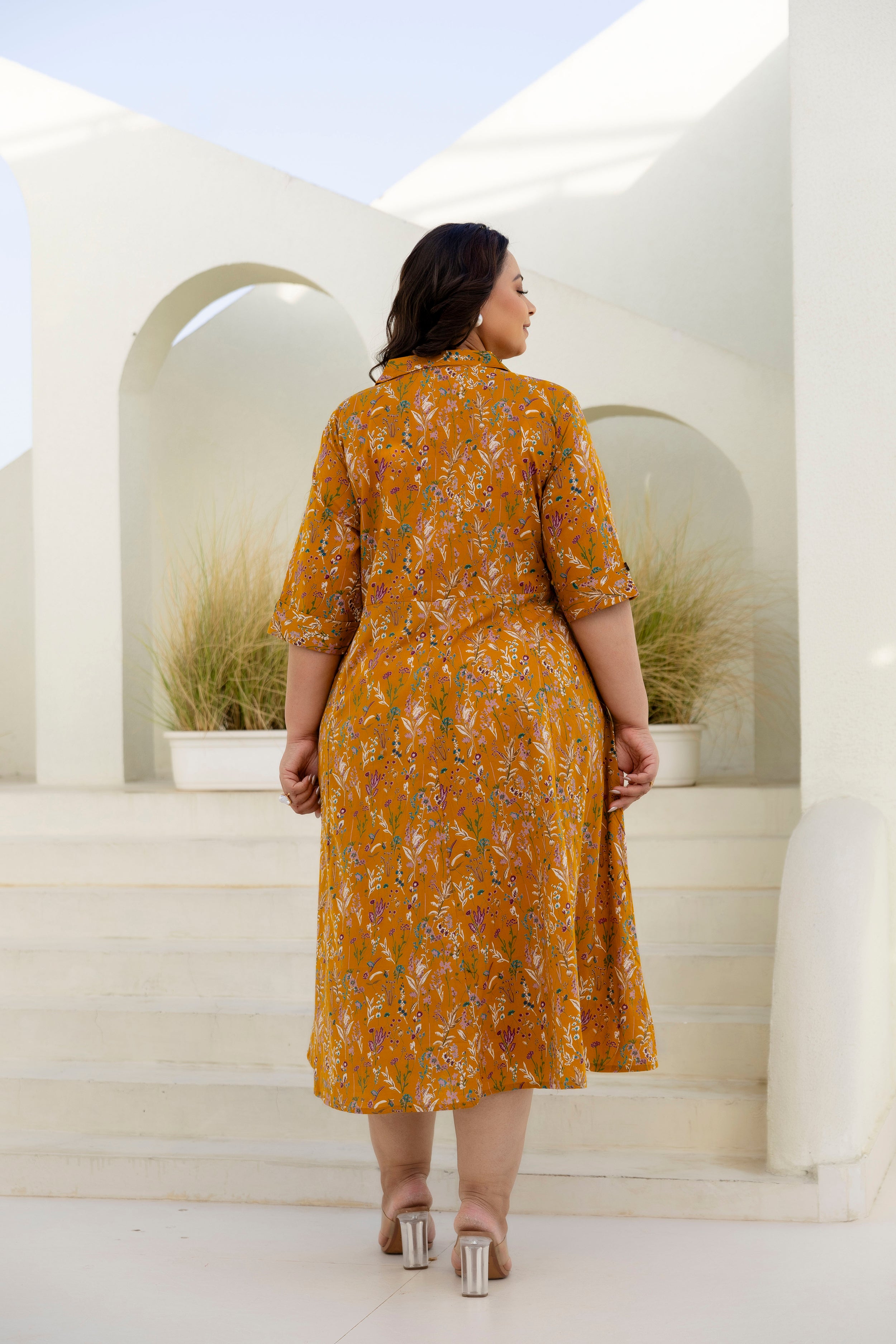 Mustard Floral Plus Size Dress