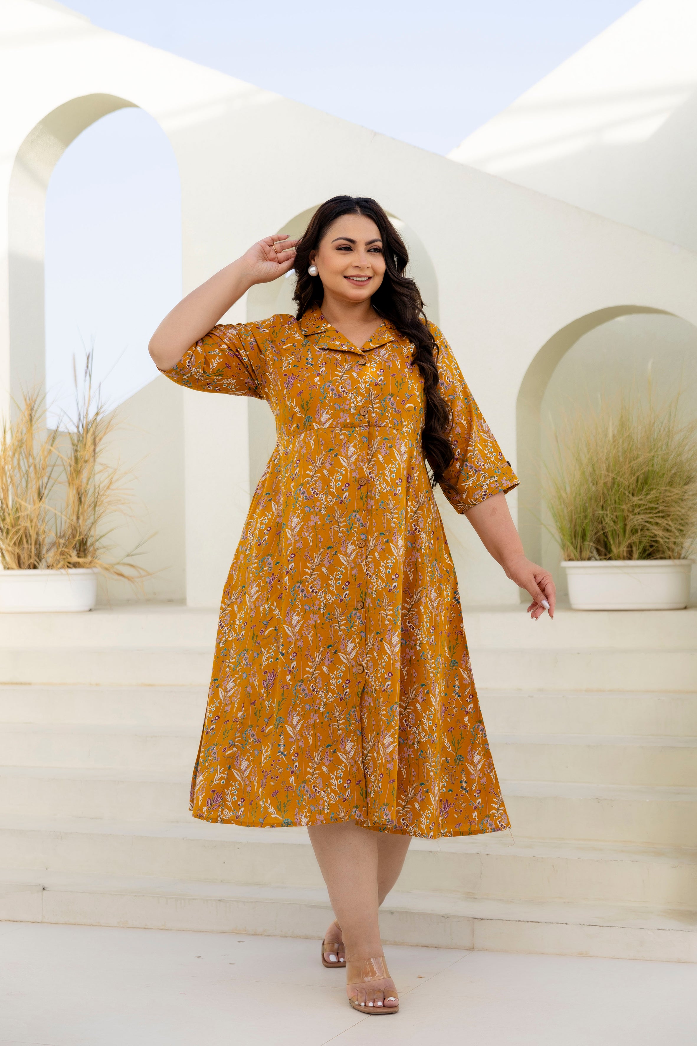 Mustard Floral Plus Size Dress